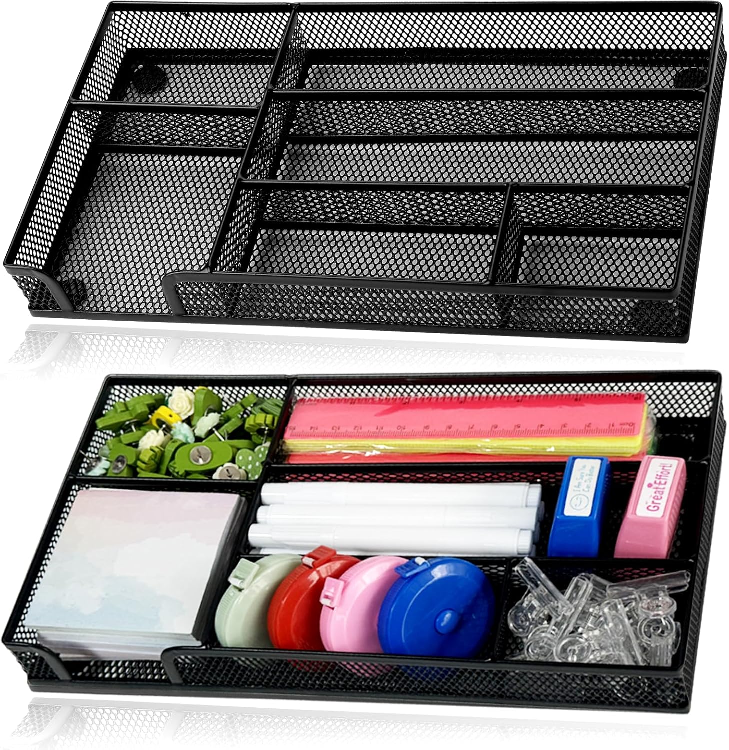 Ysglory 2Pcs Large Desk Drawer Organizer Tray Office Metal Mesh Drawer Divider Organizer With 6 Compartments Black Mesh Pencil Organization and Accessories for Stationery Makeup Kitchen Large-2P