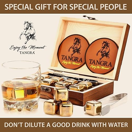 Miniatura 5 de Juego de 8 cubitos de hielo dorados de acero inoxidable para whisky. Rocas refrescantes reutilizables en caja de madera, ideas para hombres, papá,
