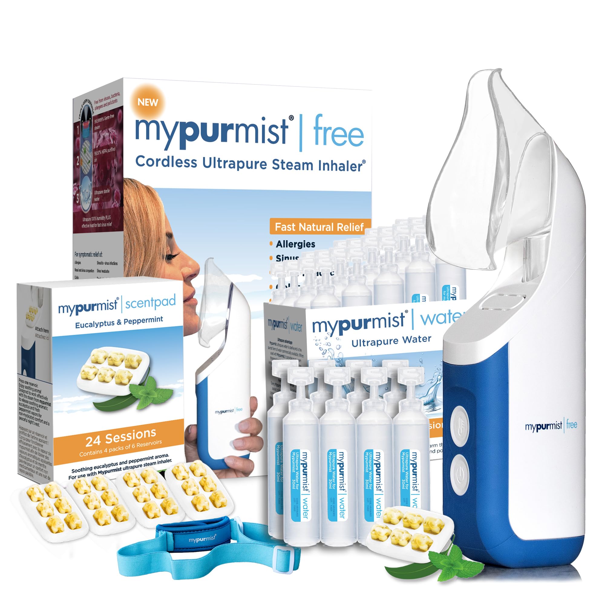 Mypurmist Free Premium Kit – Cordless Steam Inhaler with Water Refills, ScentPad, and Handsfree Strap – Personal Steamer Vaporizer Humidifier for Sinus Relief, Nasal Congestion, Cold