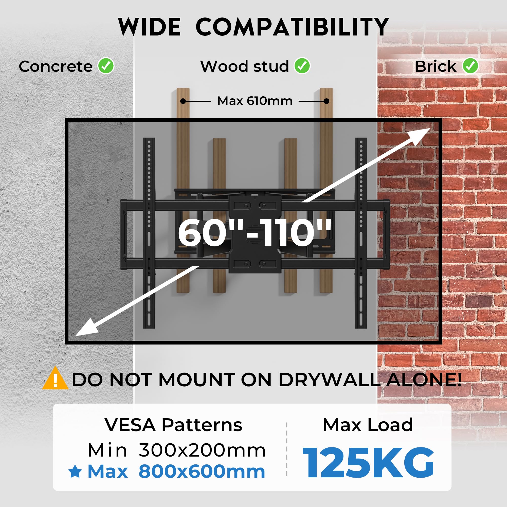 BONTEC Supporto TV Parete Full Motion 60-110 Pollici, Braccio Porta TV Girevole Inclinabile, Supporto Per TV A Muro VESA 800x600 Mm, Estensione 101,6 Cm, 125 Kg, Per Soggiorno, Home Cinema E Ufficio