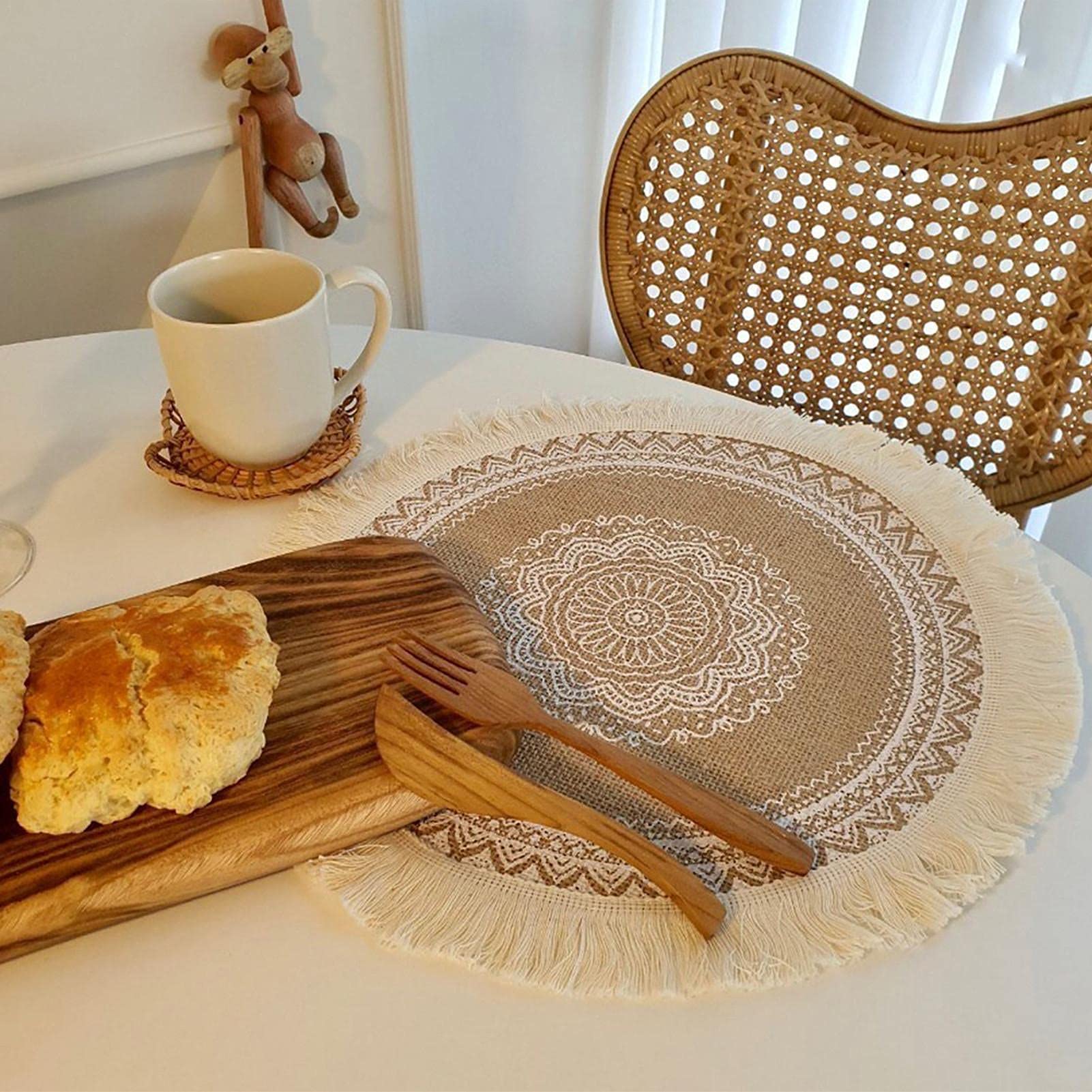 Set van 6 geweven placemats wasbaar ronde 38cm boho katoen placemats onderzetters hittebestendig en antislip voor keukenfeest bruiloft