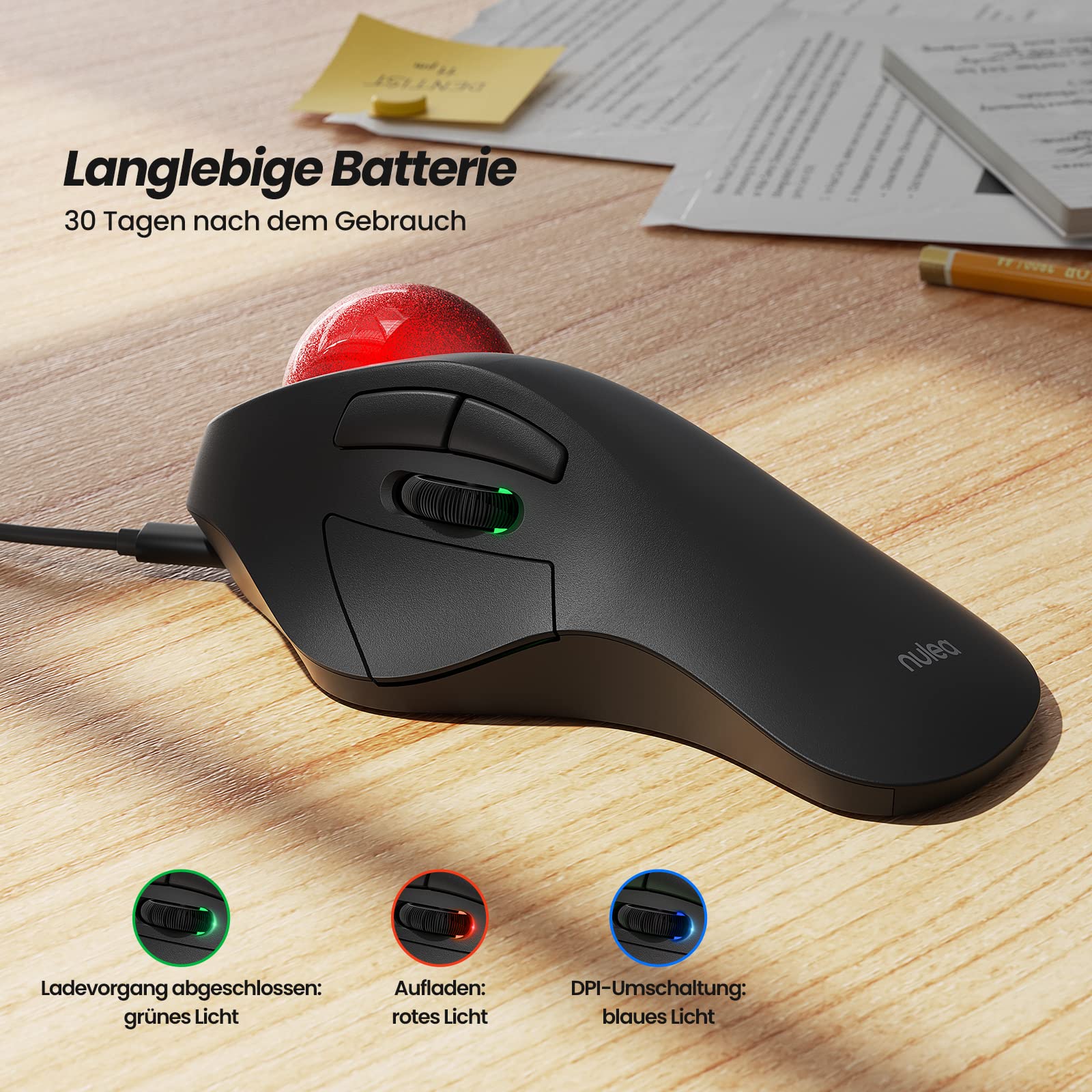 Nulea M505B Mouse Kabellose Trackball-Maus, wiederaufladbare ergonomische RGB-Rollerball-Maus, einfache Zeigefingersteuerung mit 5 einstellbaren DPI, 3 Geräteanschlüssen für PC, Laptop, iPad, Mac