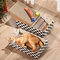 Vista 17 de Caja rascador para gatos con almohadilla de cartón de doble cara resistente, tumbona de cartón, cama para gatos de interior, diseño de agujero Blanco