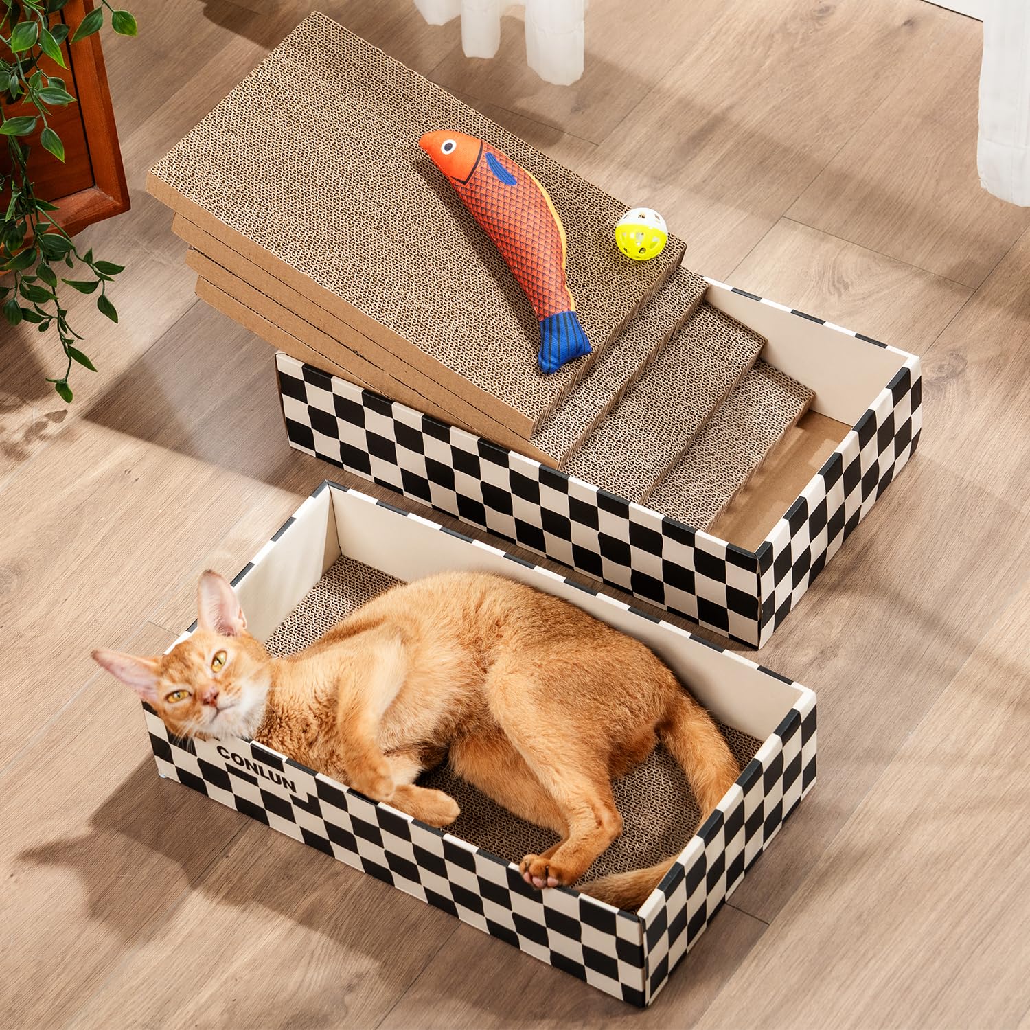 Conlun Cat Scratcher Box with 4 Scratching Pads&2 Separate Cardboard Boxes,2-in-1 Cardboard Cat Scratch for Multiple Kitten Interactive Play,Checkered