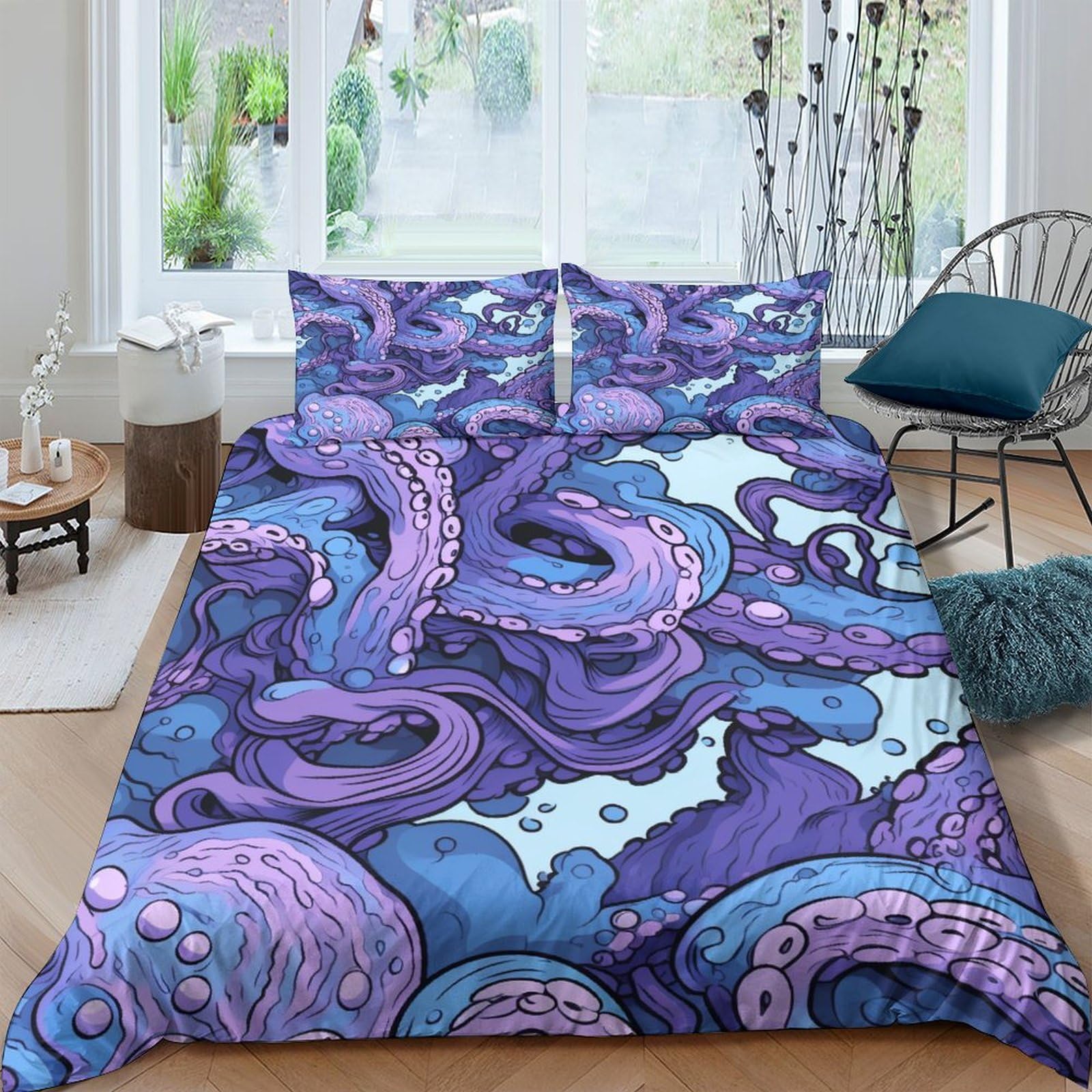 Housse de couette poulpe violet 3D parure de lit 3 pièces 220x240 cm King avec taies