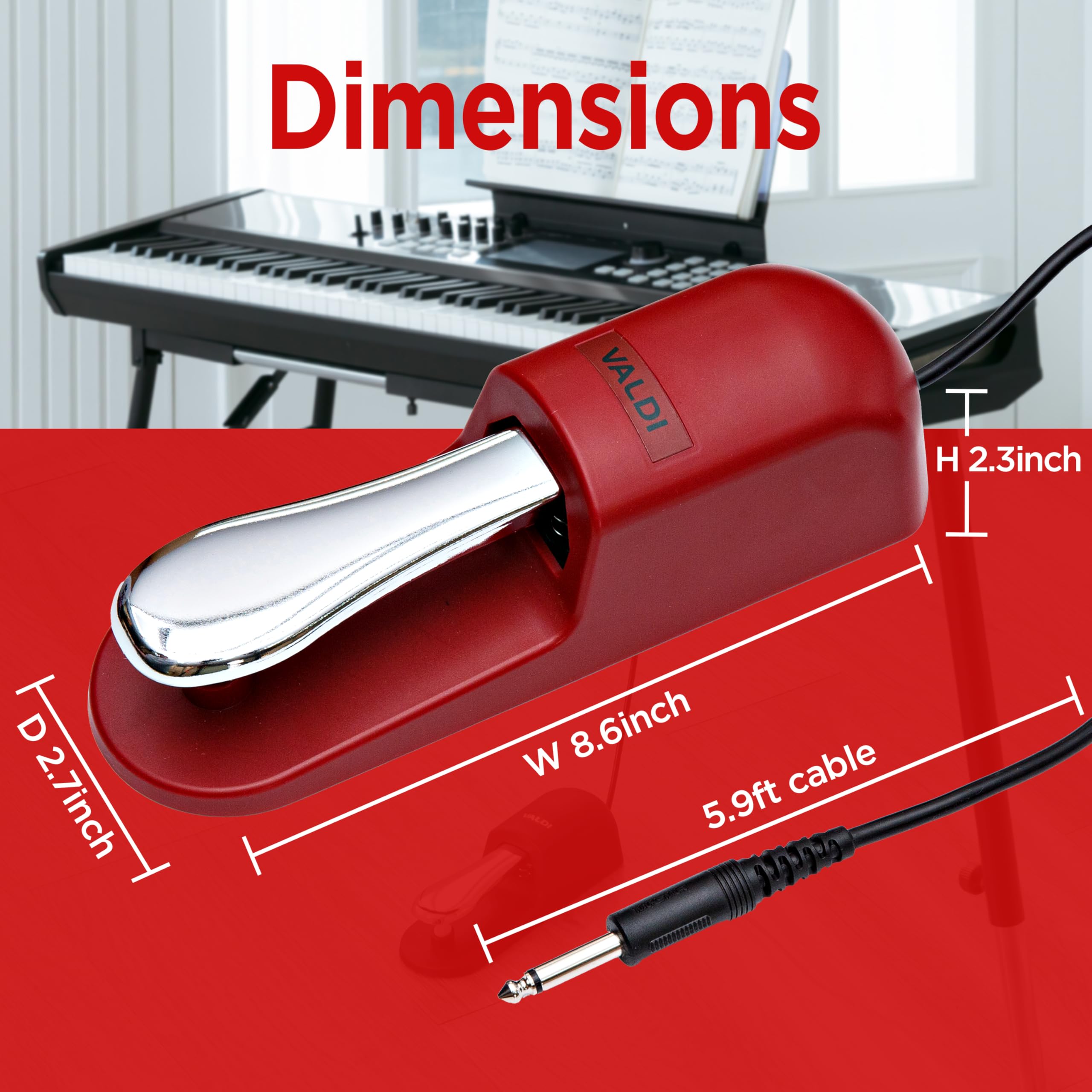 VALDI BP-3 Sustain Pedal - Pedale universale per tastiera, pianoforti digitali, tastiere MIDI e sintetizzatori, interruttore di conversione per tutte le marche, jack da 1/4", design antiscivolo, cavo