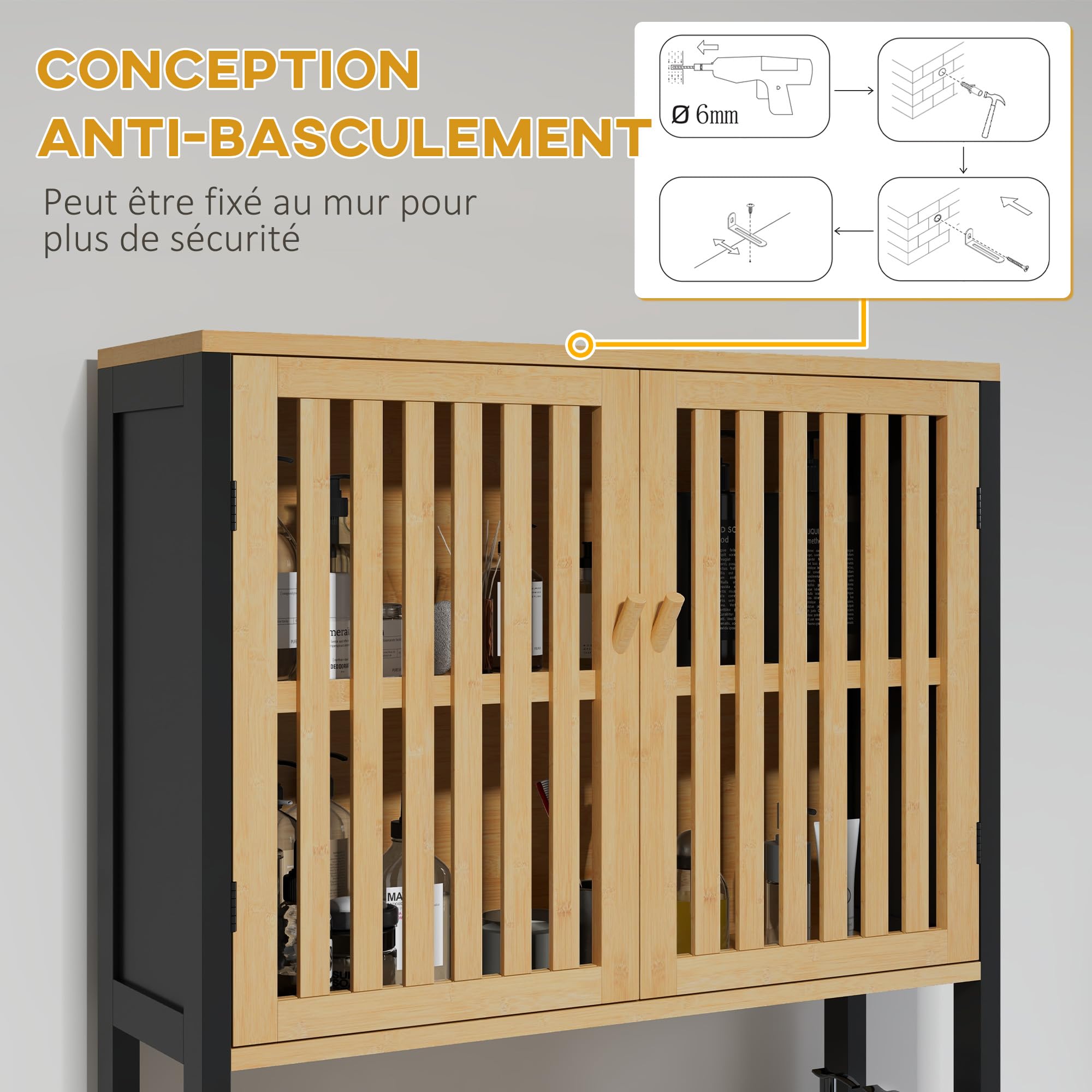 HOMCOM kleankin Regał łazienkowy szafka łazienkowa blat toalety z 2-drzwiową szafką i otwartą półką 60 l x 21,5 l x 172H cm Bambus - naturalne drewno i czarny