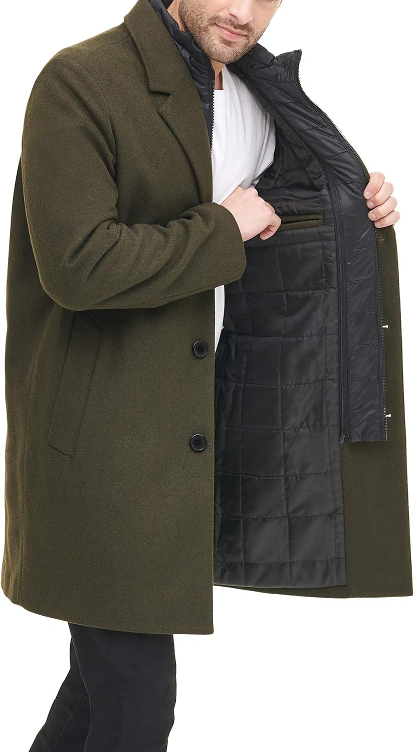 DKNY mens Wool Blend Coat With Removable Quilted Bib
