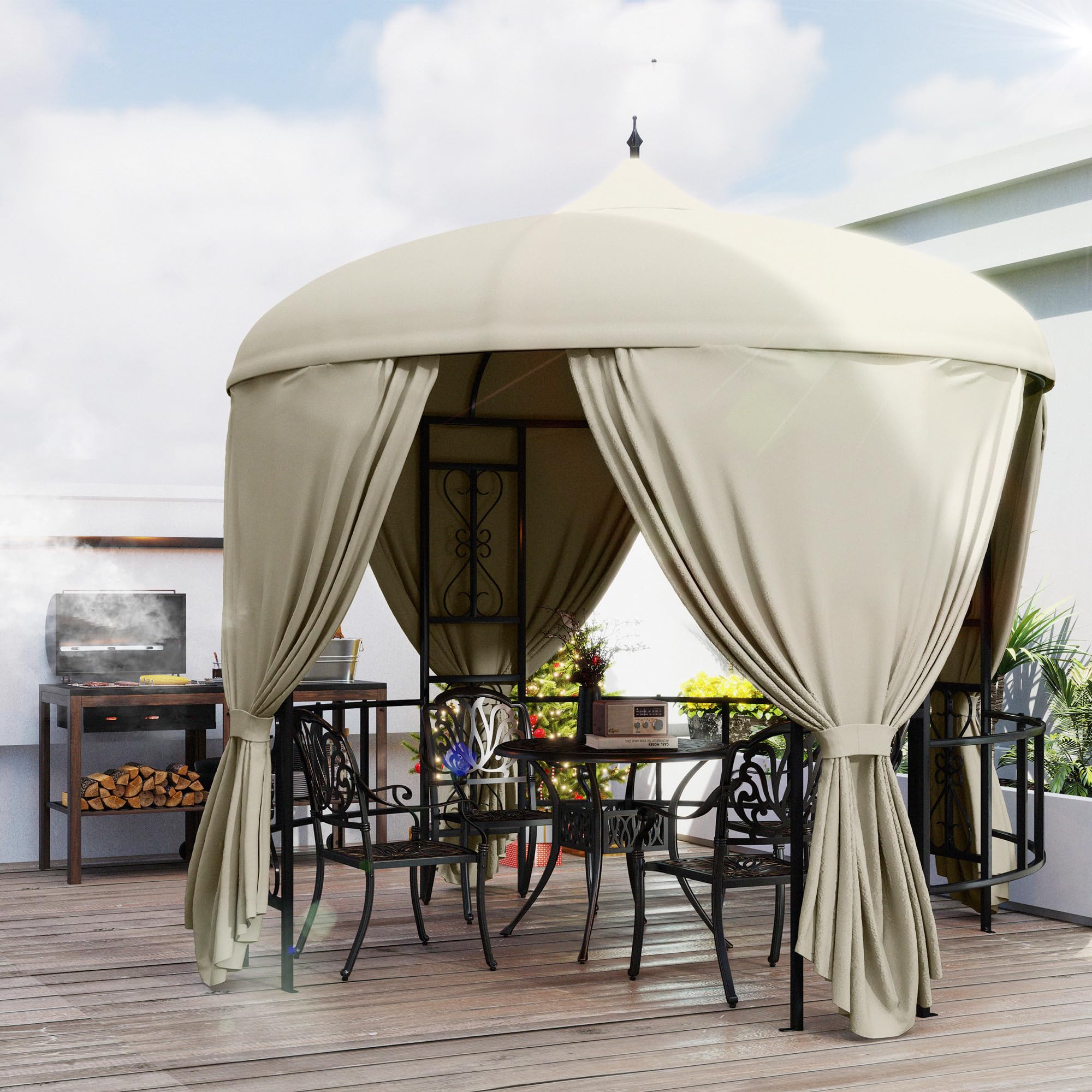 Outsunny Gazebo da Giardino Rotondo Ø3m con Tende e Prese d'Aria Beige | Gazebo da Esterno, in Metallo e Poliestere