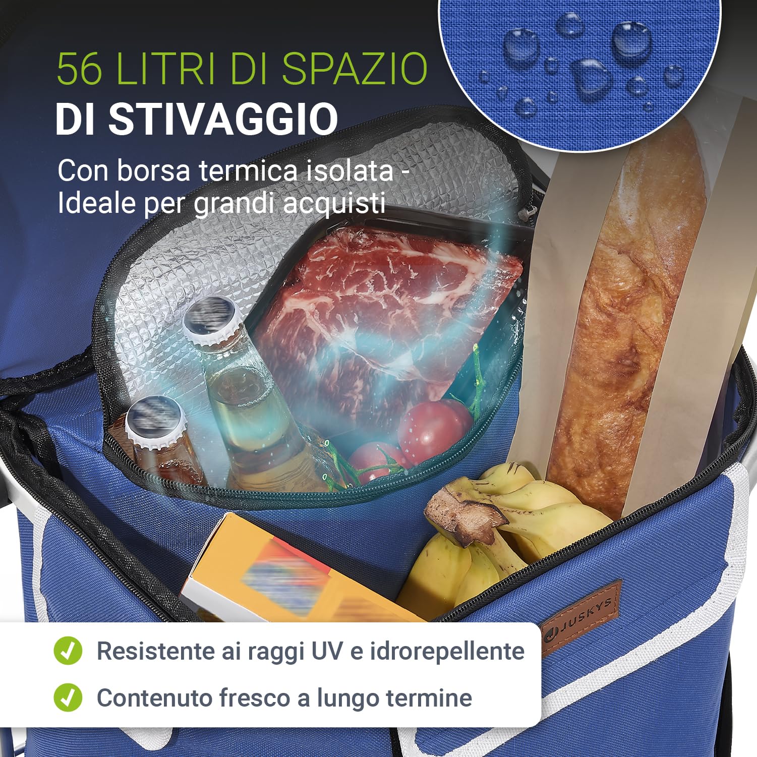 Juskys Trolley per la spesa 3 in 1 per scale – 56 l moderno e pieghevole – Trolley per salire le scale – Carrello e borsa – Trolli blu scuro
