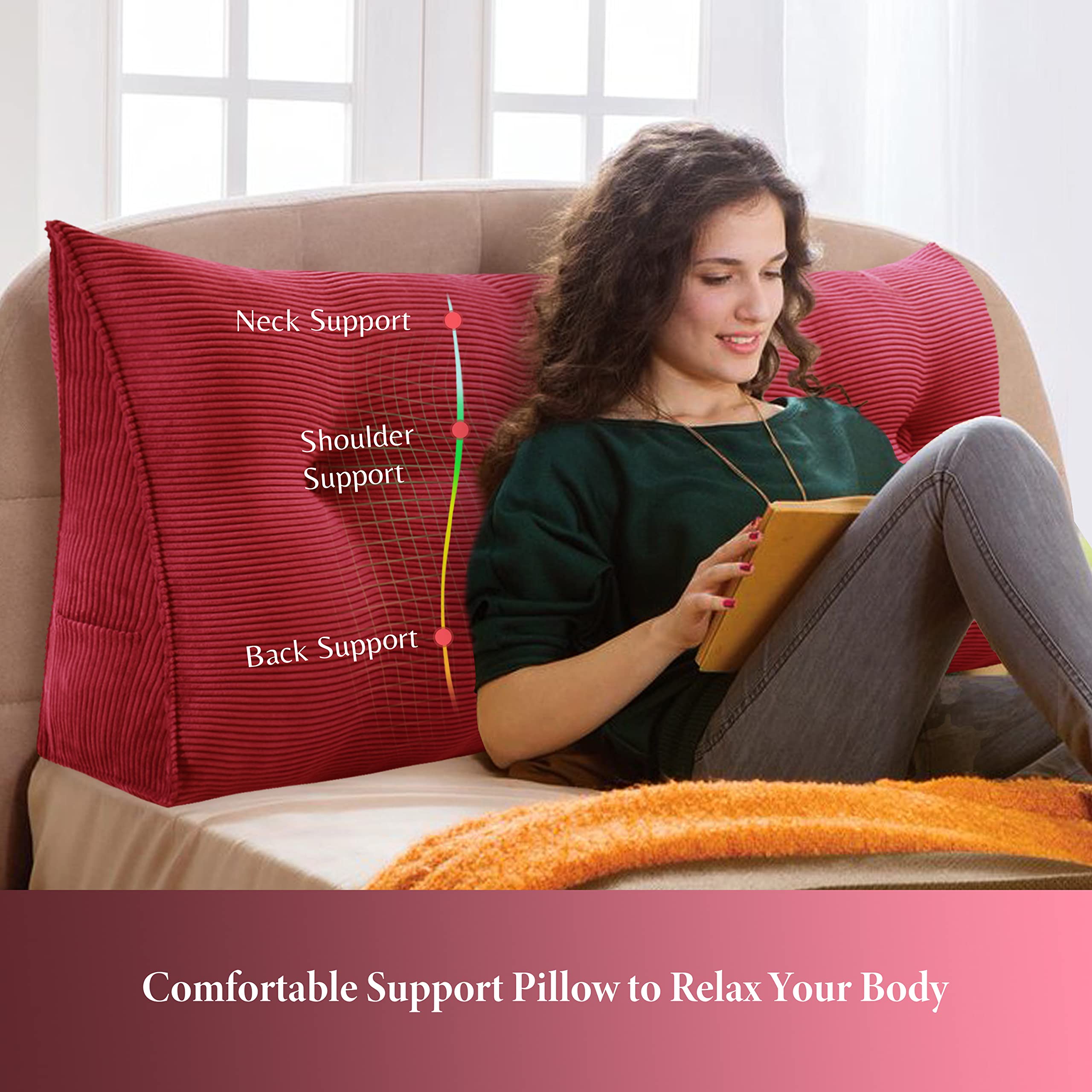 VERCART Wedge Headboard Pillows Bed Wedge Pillow Headboard Wedge Pillow Triangle Pillow Wedge Daybed Pillows Bolster Pillow Headboard with Removable Cover Red King