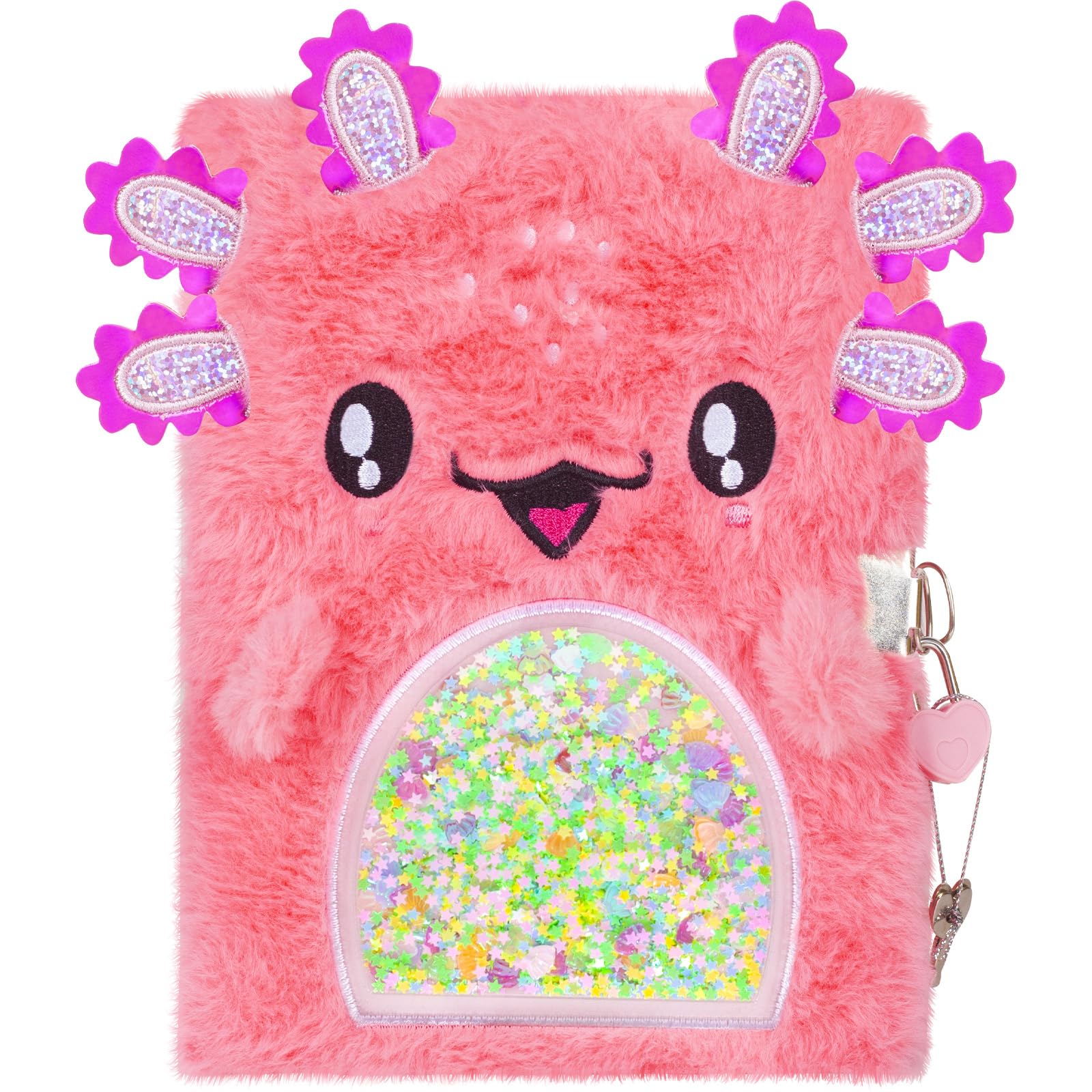 Pinkgarden Axolotl Plush Diary for Girls with Lock and Key Soft Furry Notebook with Salamander Design, 160 Pages