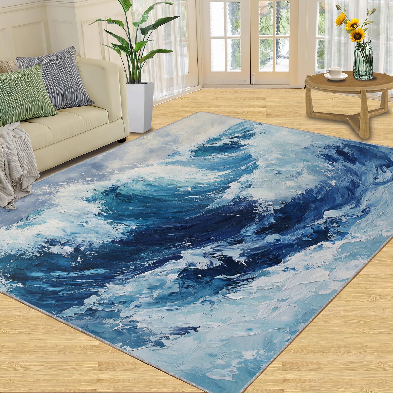 Tapis – Tapis de décoration d'intérieur, motif vagues de l'océan, tapis lavable pour salon, chambre à coucher, tapis d'intérieur antidérapant et à poils ras – Bleu océan – 100 x 150 cm – Cadeau