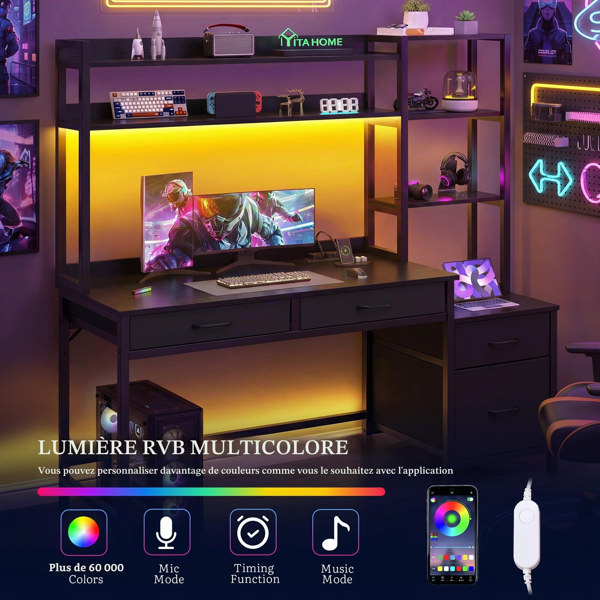 YITAHOME Bureau d'ordinateur avec tiroirs 150cm Gaming LED USB Prise Noir