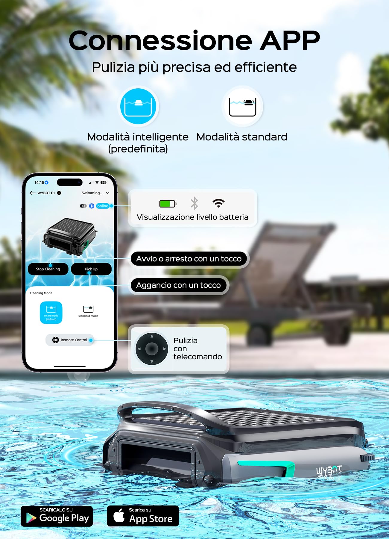 WYBOT F1 Skimmer Piscina Fuori Terra Duale (Solare + Batteria), Pulisce La Superficie dell’Acqua, Controllo Tramite App, Funziona 24h, per Tutti I Tipi di Piscina-Robot Piscina Senza Fili,Verde Oliva