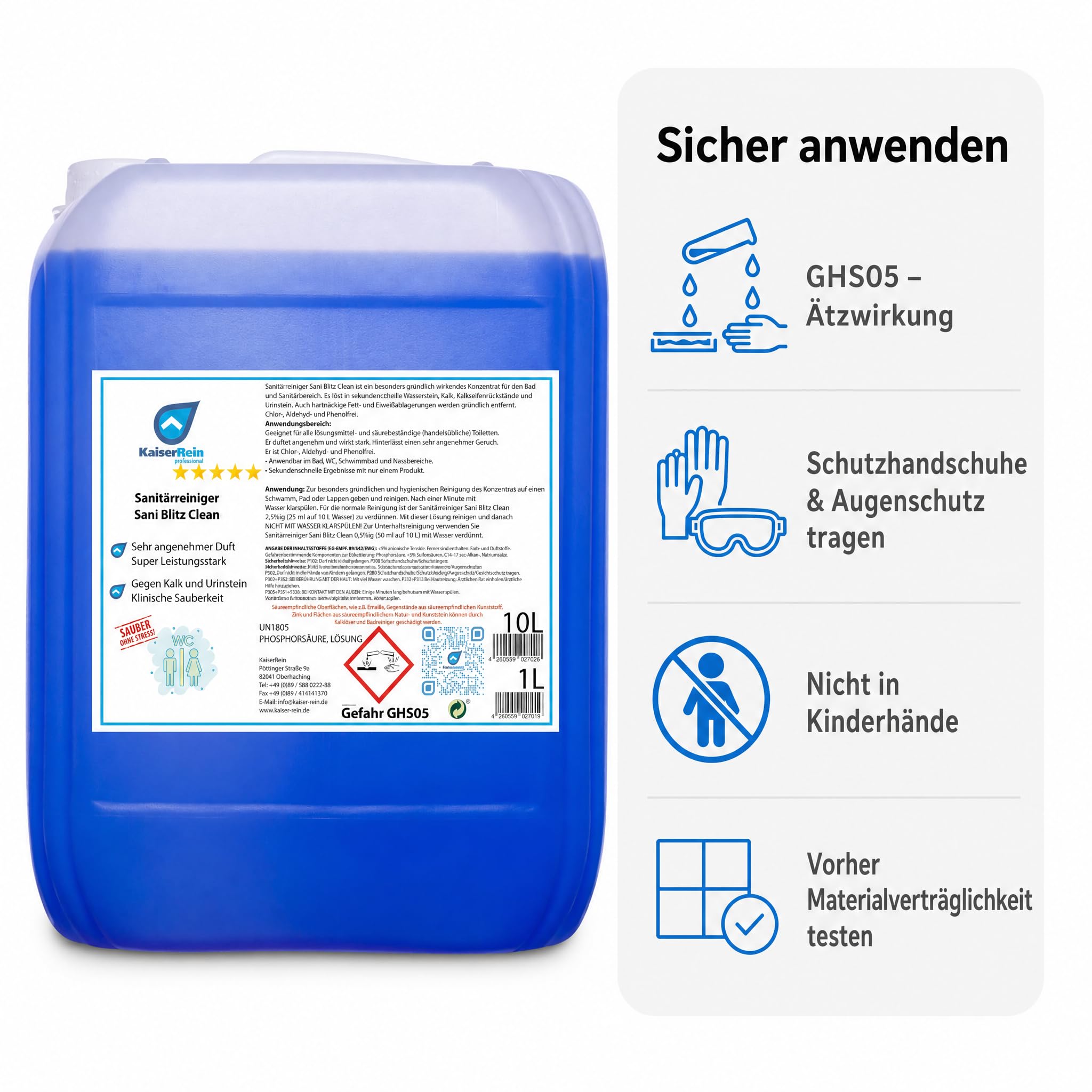 KaiserRein WC Reiniger Sani Blitz Clean, extra starker Profi-Sanitärreiniger & Urinsteinentferner, Konzentrat im 10 L Kanister, löst Kalk, Wasserstein & Kalkseifen, für Bad, Dusche, WC, Fliesen