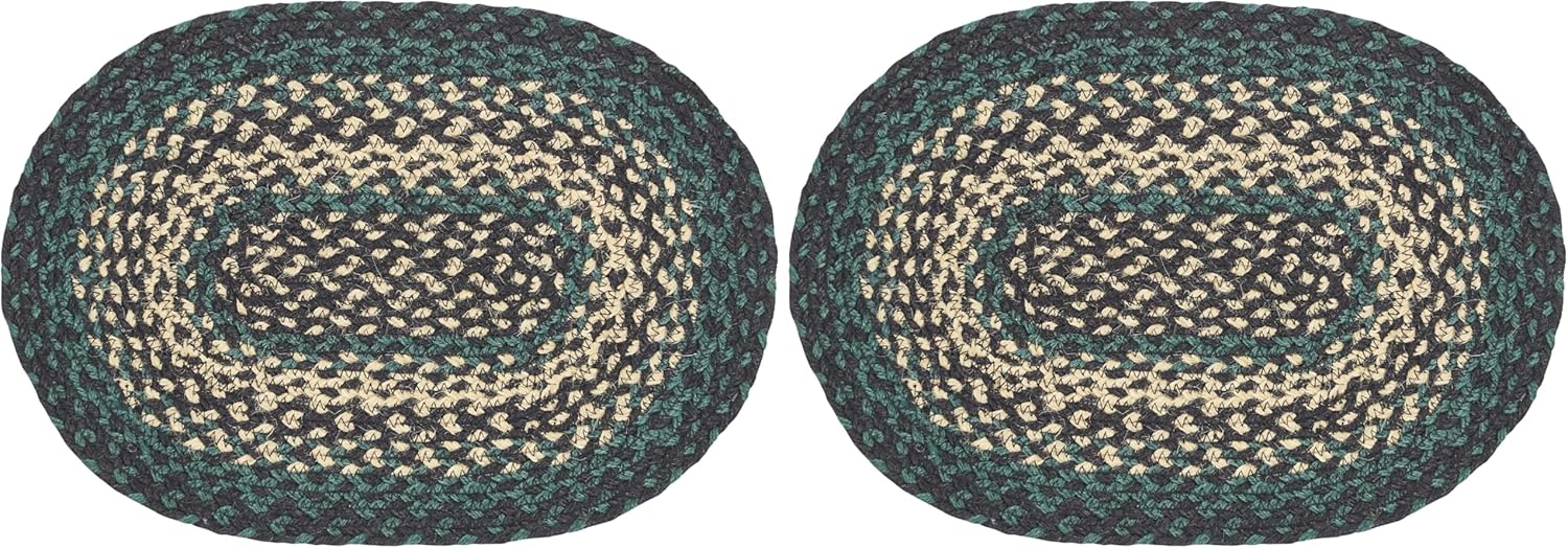 VHC Brands Pine Grove, Dining Table Placemat, Braided Jute, Oval, Green, 10x16 (Pack of 2)