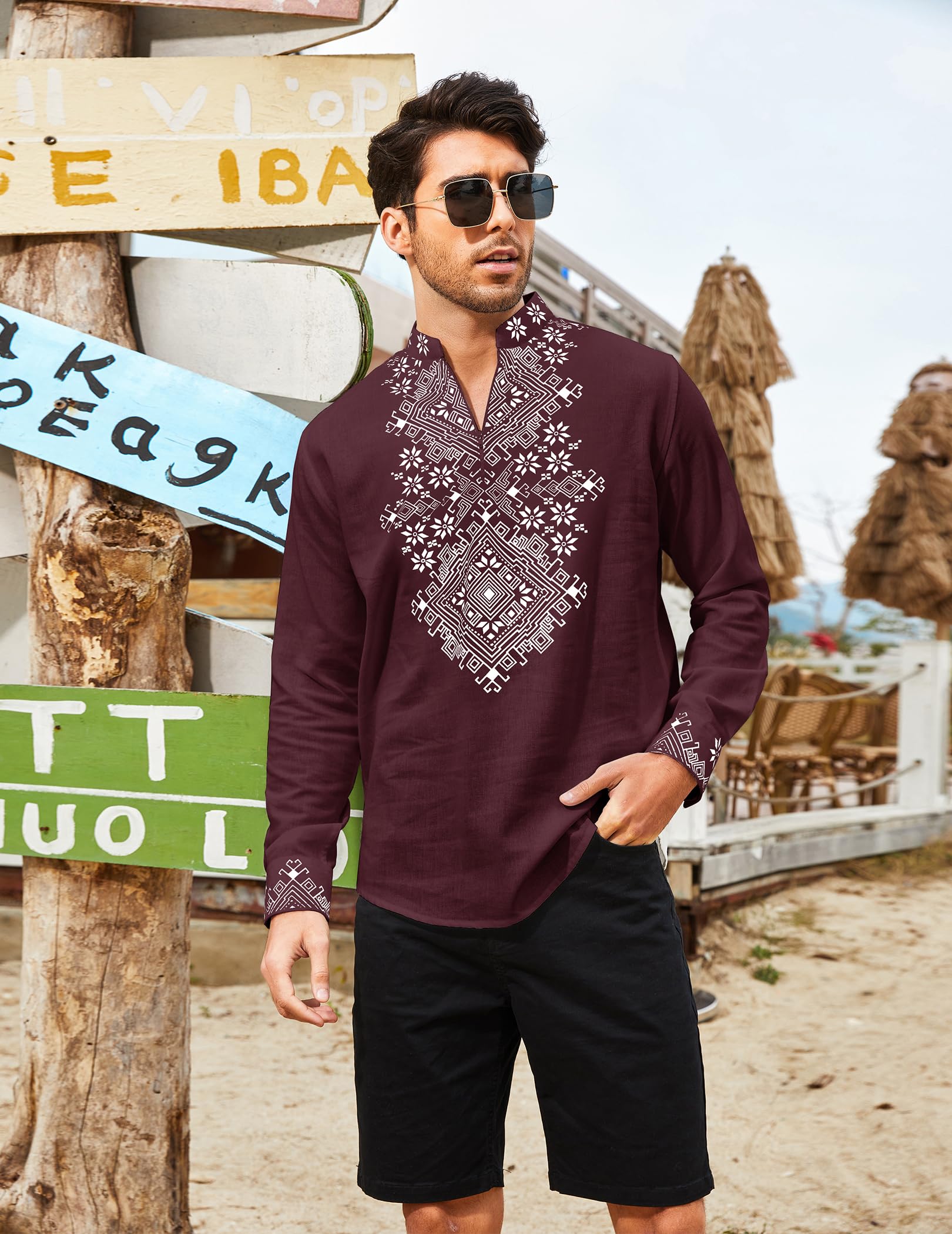 COOFANDY Camicia da uomo Henley Vyshyvanka a maniche lunghe con stampa africana camicie casual zip up cotone lino spiaggia camicia hippie