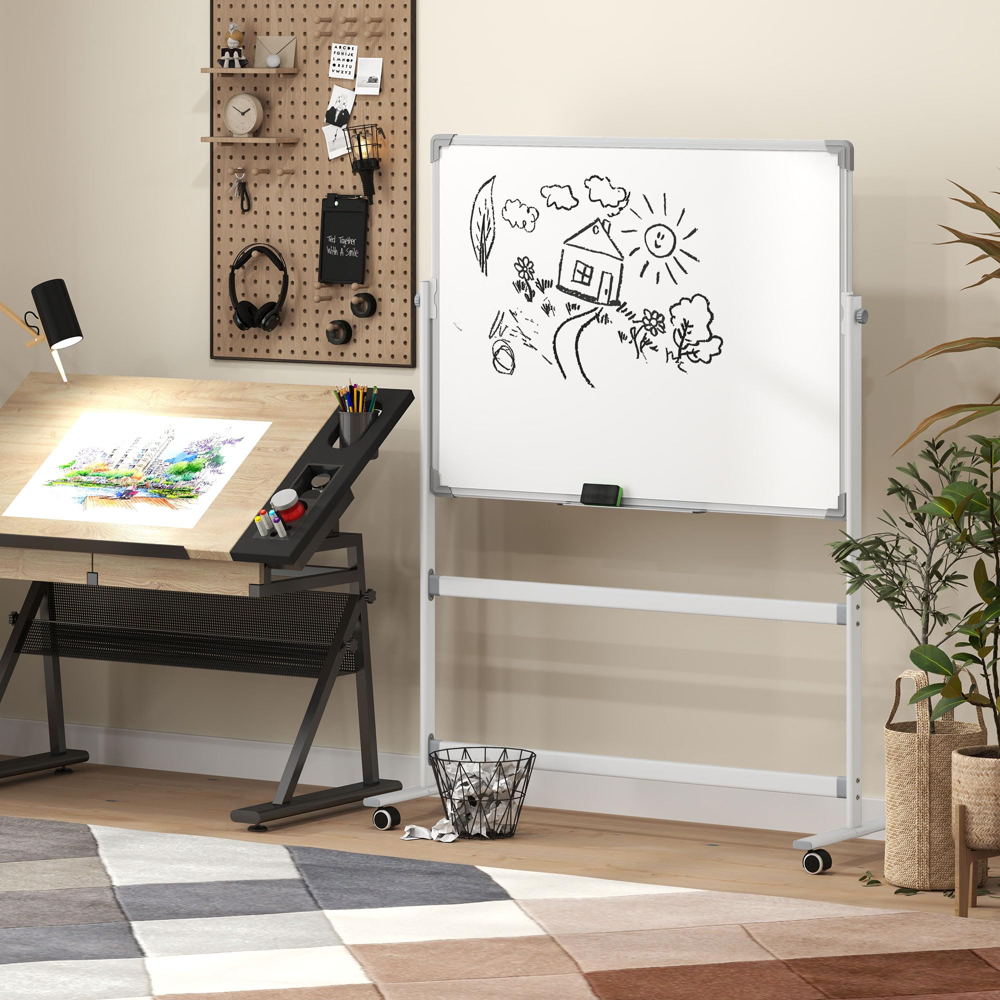 HOMCOM Tableau blanc magnétique double face, tableau blanc effacable rotatif mobile avec support, aimants, marqueurs, gomme et roulettes pour bureau à domicile, salle de classe, blanc