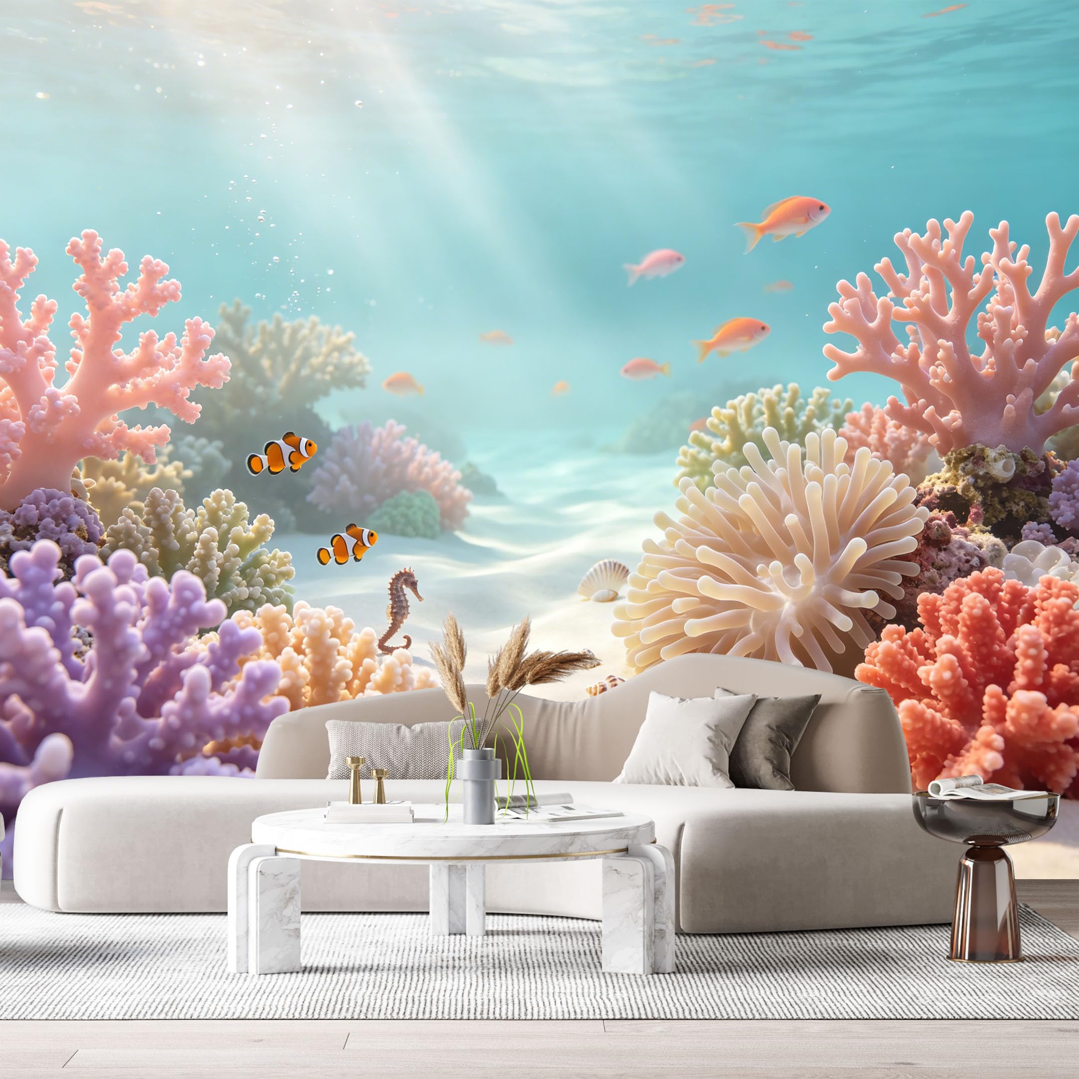 Custom Size Wall Murals Ocean Marine Watercolor Colorful Coral Reef Seahorse Clownfish SelfAdhesiveWall Fabric Removable Wallpaper Wall Decor for Living Room Bedroom Bathroom
