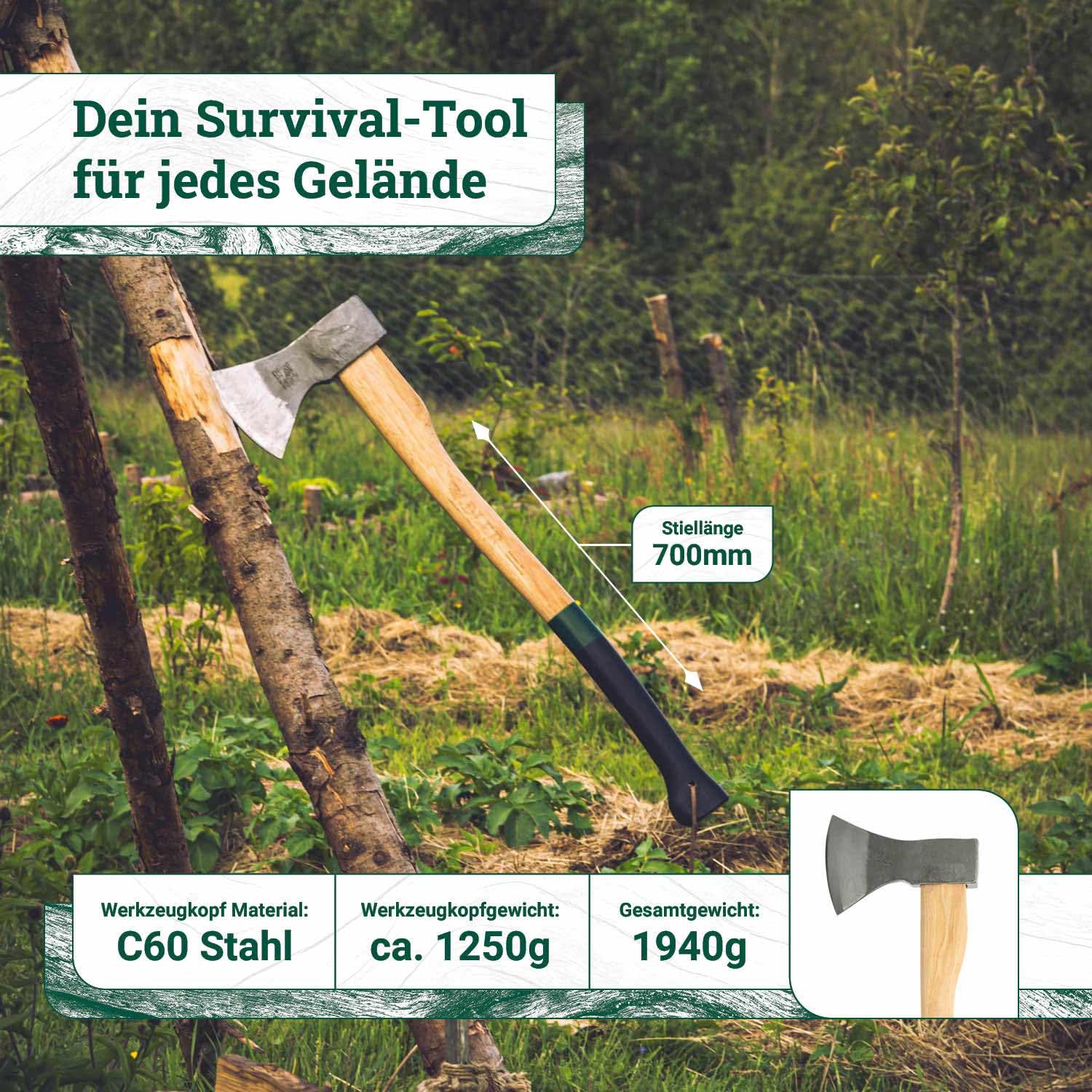 ADLER Rheinlandaxt 1250g – 70 cm Hickorystiel – C60 Stahl – Schwarz/Rot – Fällen, Entasten & Spalten bis Ø20cm – inkl. Lederschutz – Made in Germany