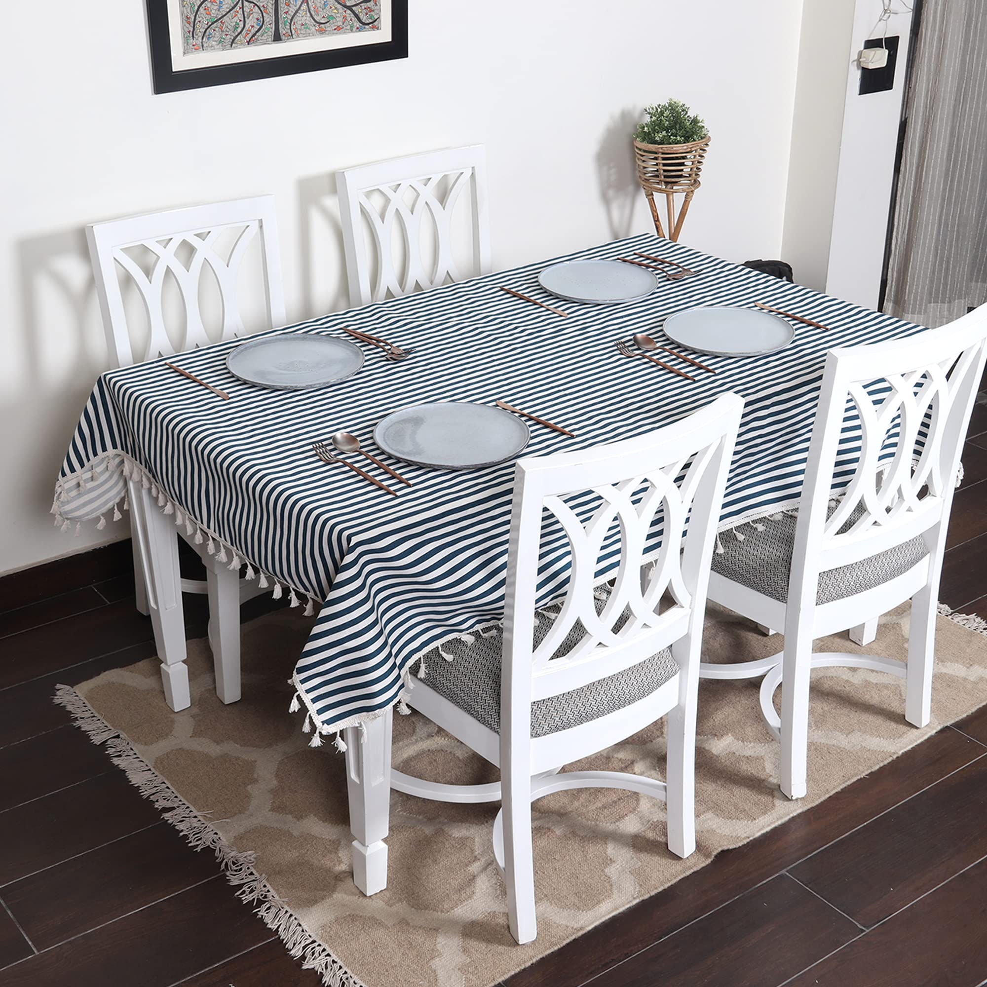 House of Quirk Rectangle Tablecloth Cotton Linen Table Cloth Dust-Proof Table Cover for Kitchen Dinning Tabletop Decoration (140x180cm, Blue/White Stripes)