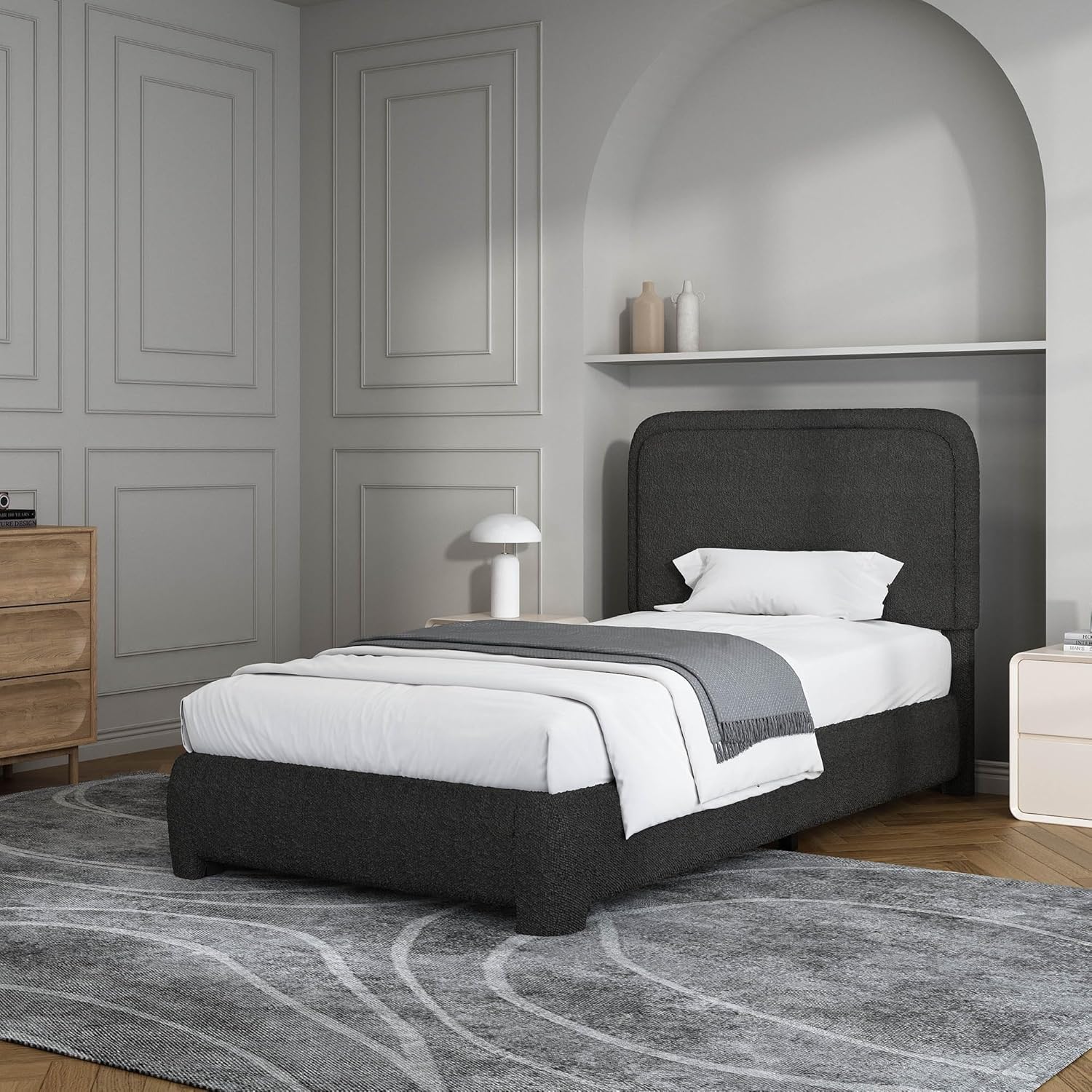 BarnFurin Twin Size Bed Frame, Boucle Upholstered Platform Bed Frame with Headboard, Modern Style, Soft Rounded Corners, No Box Spring Required, Easy Assembly, Black