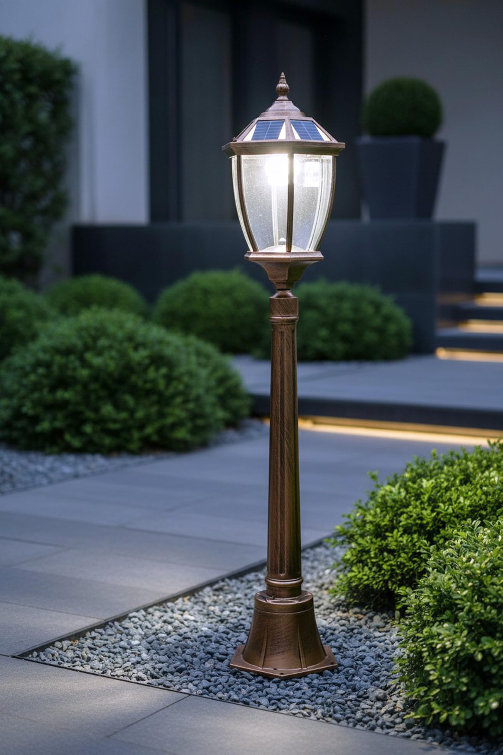 Arnusa Gartenlaterne solarbetrieben klassisch 115 cm Solarlampe Außenleuchte Sockelleuchte kabellos Duo Color warmweiß und kaltweiß Laterne Kupfer Optik