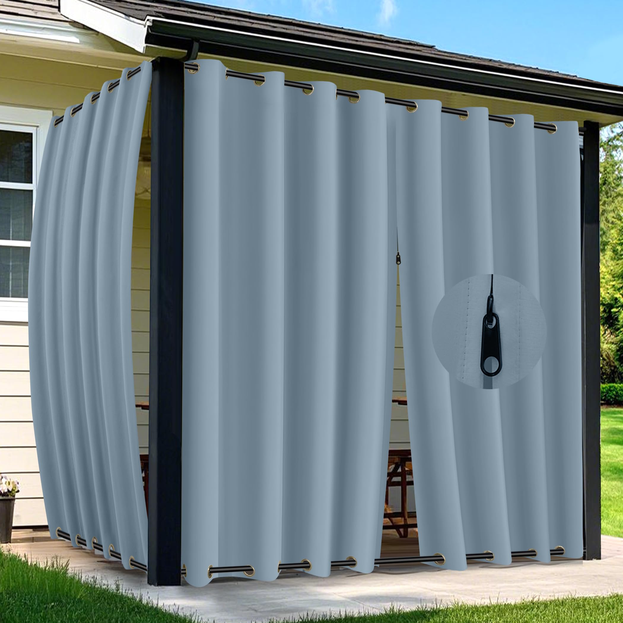 Arfntevss Outdoor Curtains for Patio Waterproof 2 Panels Blackout Curtain 120 inch Long with Zipper Top & Bottom Grommet Sun Blocking Outdoor Privacy Drape for Gazebo Porch (54x120, Light Blue)