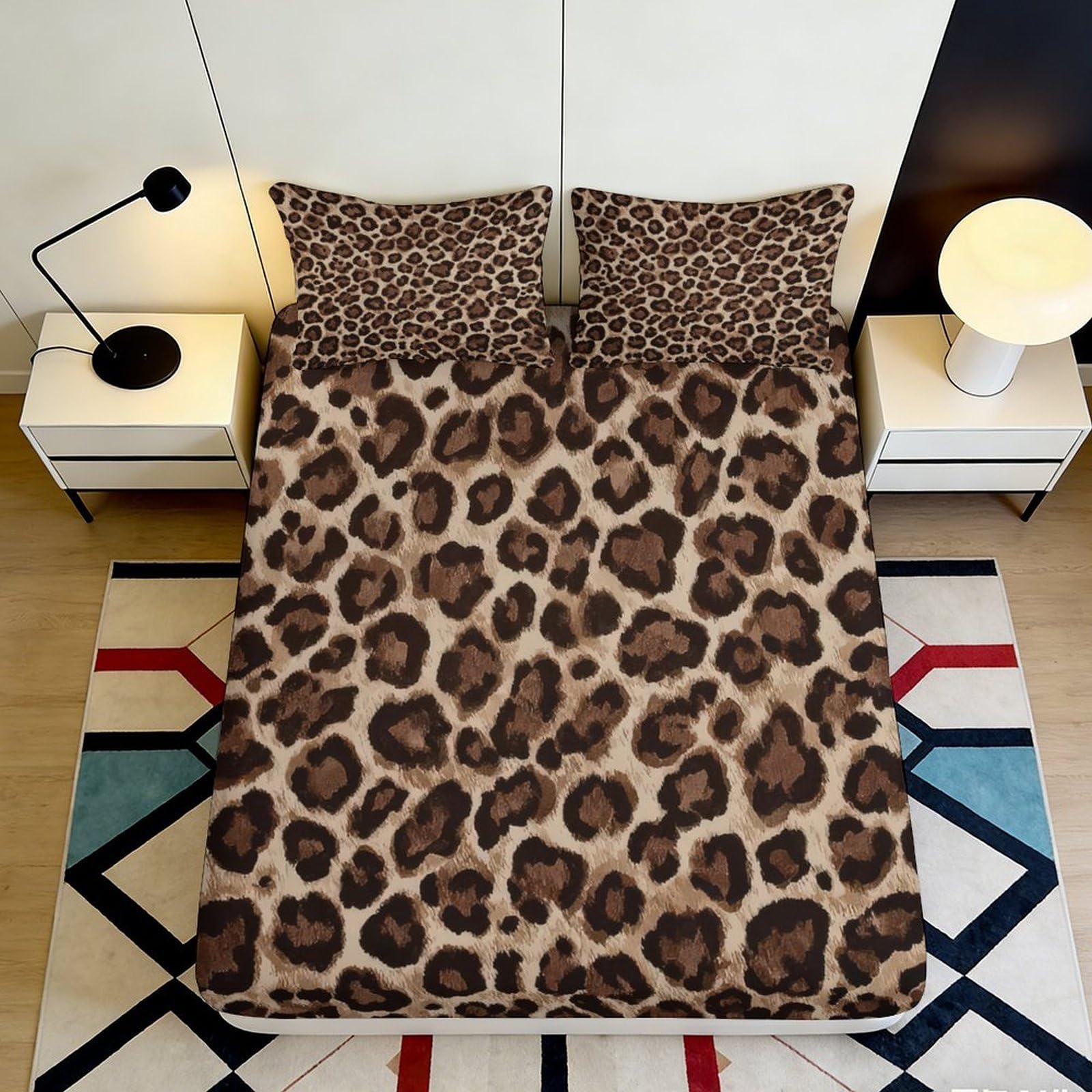 3D Printed Leopard Print Fitted Sheet Microfiber Soft Durable Animal Pattern Bed Cover for Bedroom Dormitory Guest Room Mattress Protection 160x200x25cm