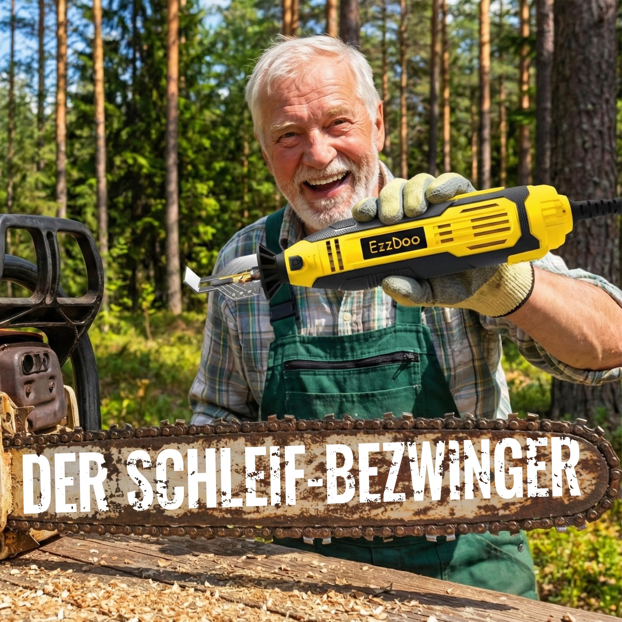 EzzDoo Elektrisches Kettensägen-Schärfer-Set mit Titanbeschichteten Diamant-Bits – Hochgeschwindigkeits-Kettensägenschärfer-Werkzeug und 6 Schärfräder mit hoher Härte für alle Kettensägenketten.