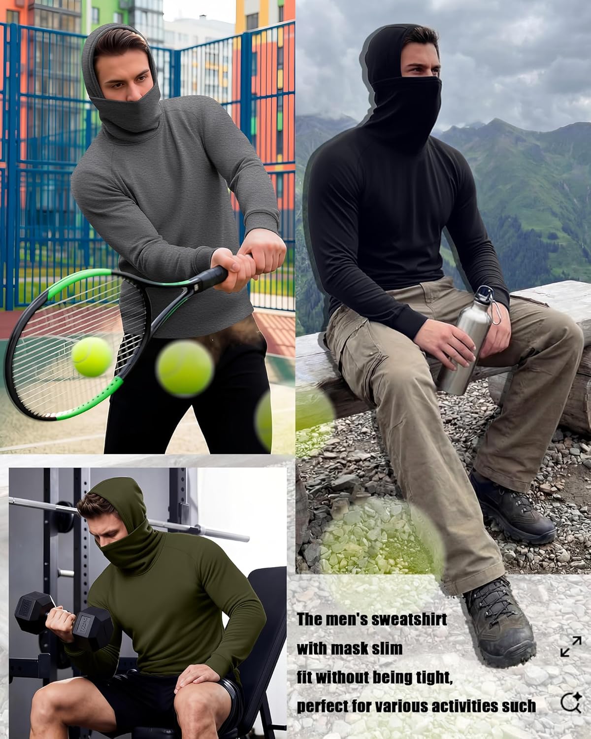 3 Pack Men's Compression Hoodie with Face Mask Sweatshirt Long Sleeve Hooded Pullover Base Layer Active Shirts - Image 6