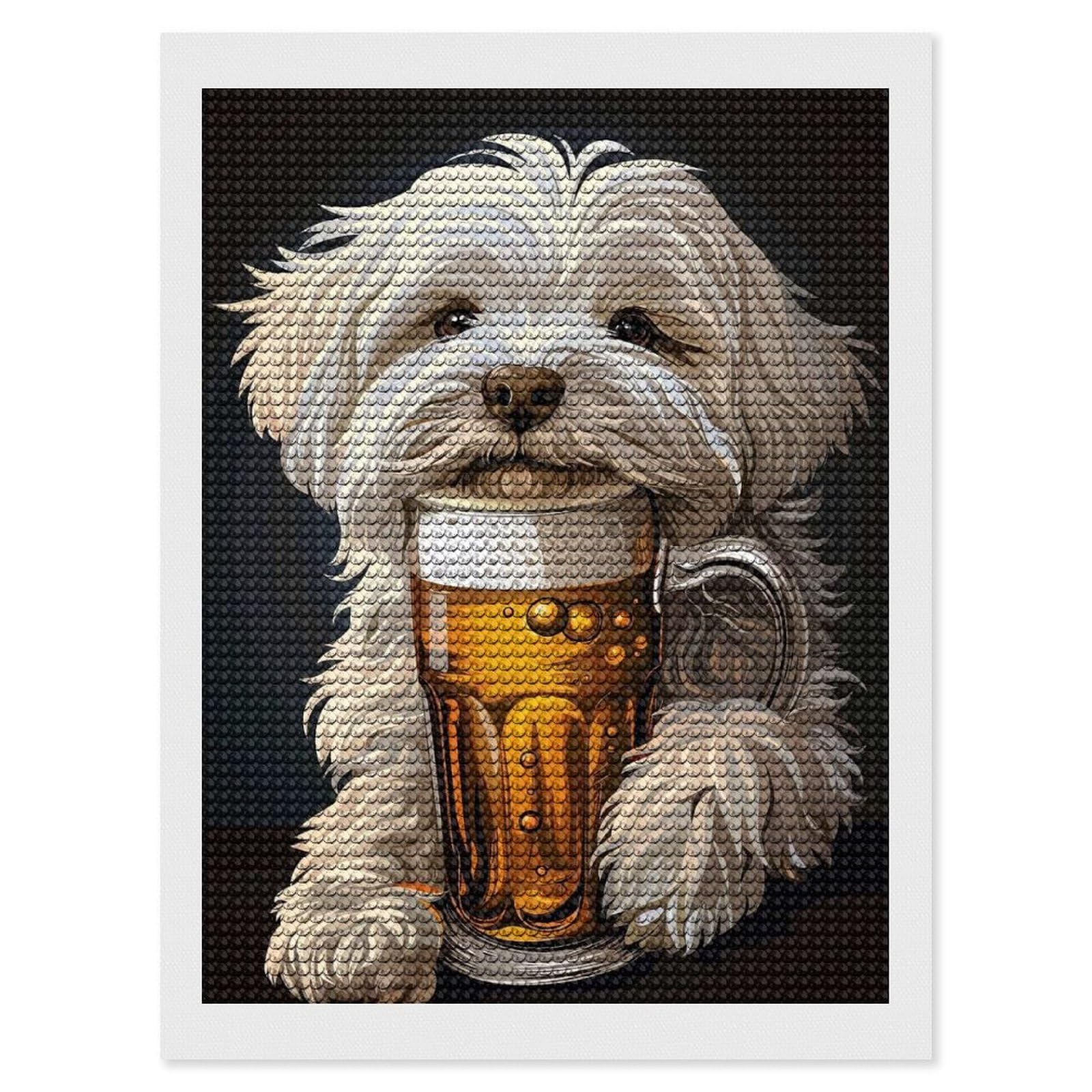 Junmoney Maltese Beer DIY Diamond Art Canvas Kit 12"x16", Adhesive Canvas, Easy to Enjoy, Farmhouse Decor, Festive Craft Gift