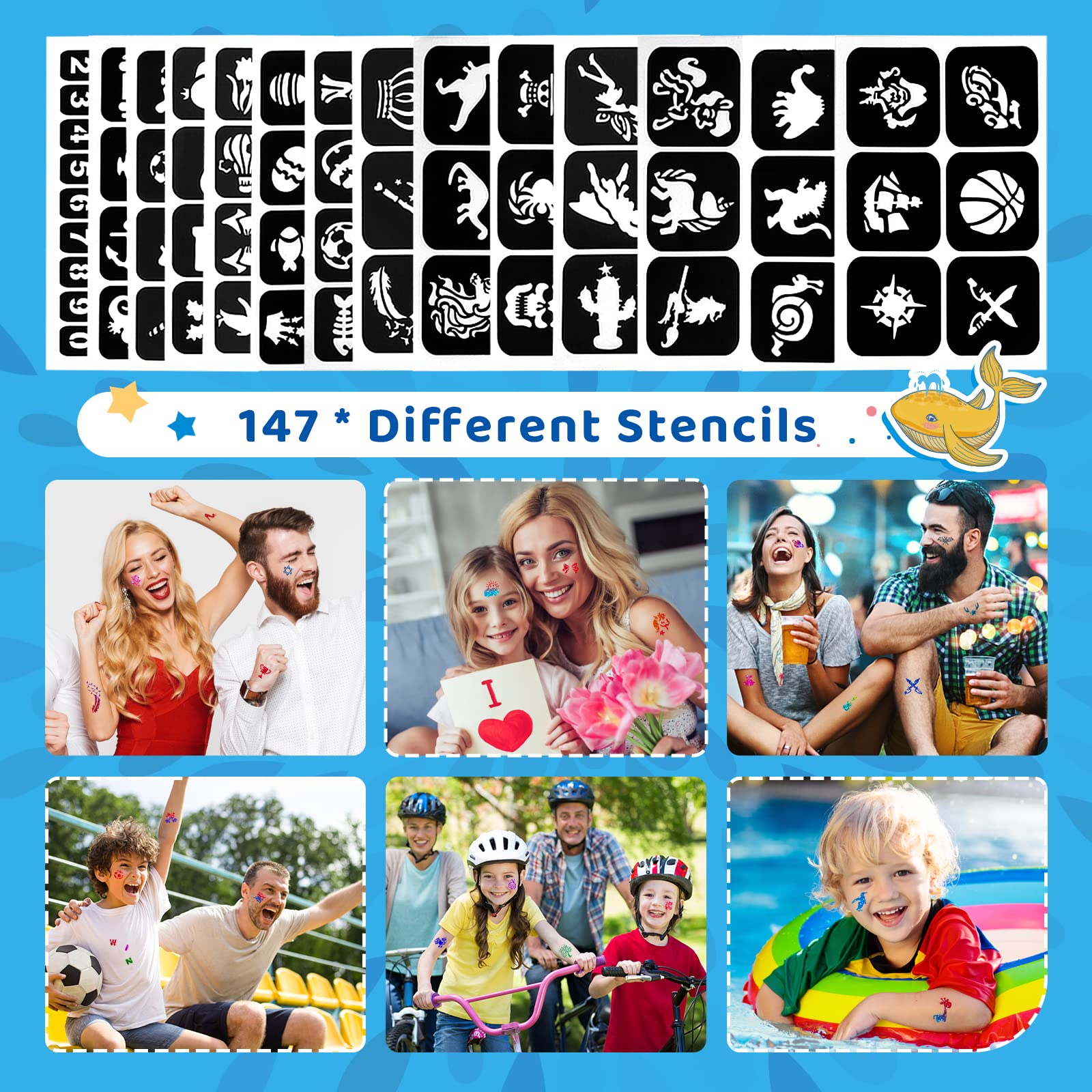 Bledras Glitzer Tattoo Set Kinder, 30 Farben Glitzertattoos, 147 Schablonen, 4 Pinsel, 2 Kleber, Geschenke für Kinder im Alter von 3 bis 12 Jahren, Wunderschön Verpackt（Junge）