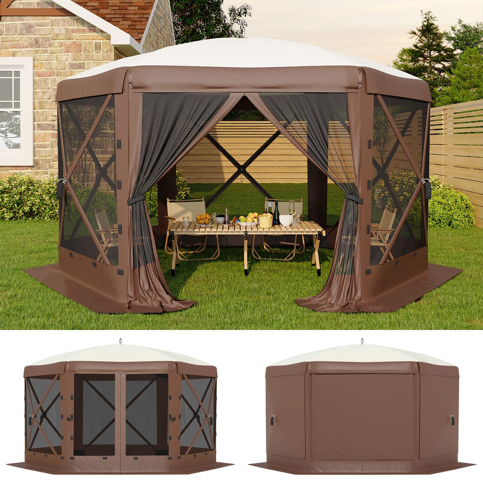 Photo 1 of GarveeLife 11.5x11.5FT 6-Sided Pop Up Gazebo Tent?One-Push Setup Canopy Tent with Mesh Panels & Removable Wind Cloths, Outdoor shelter for Camping, Backyard Parties, Outdoor Events - Beige & Khaki