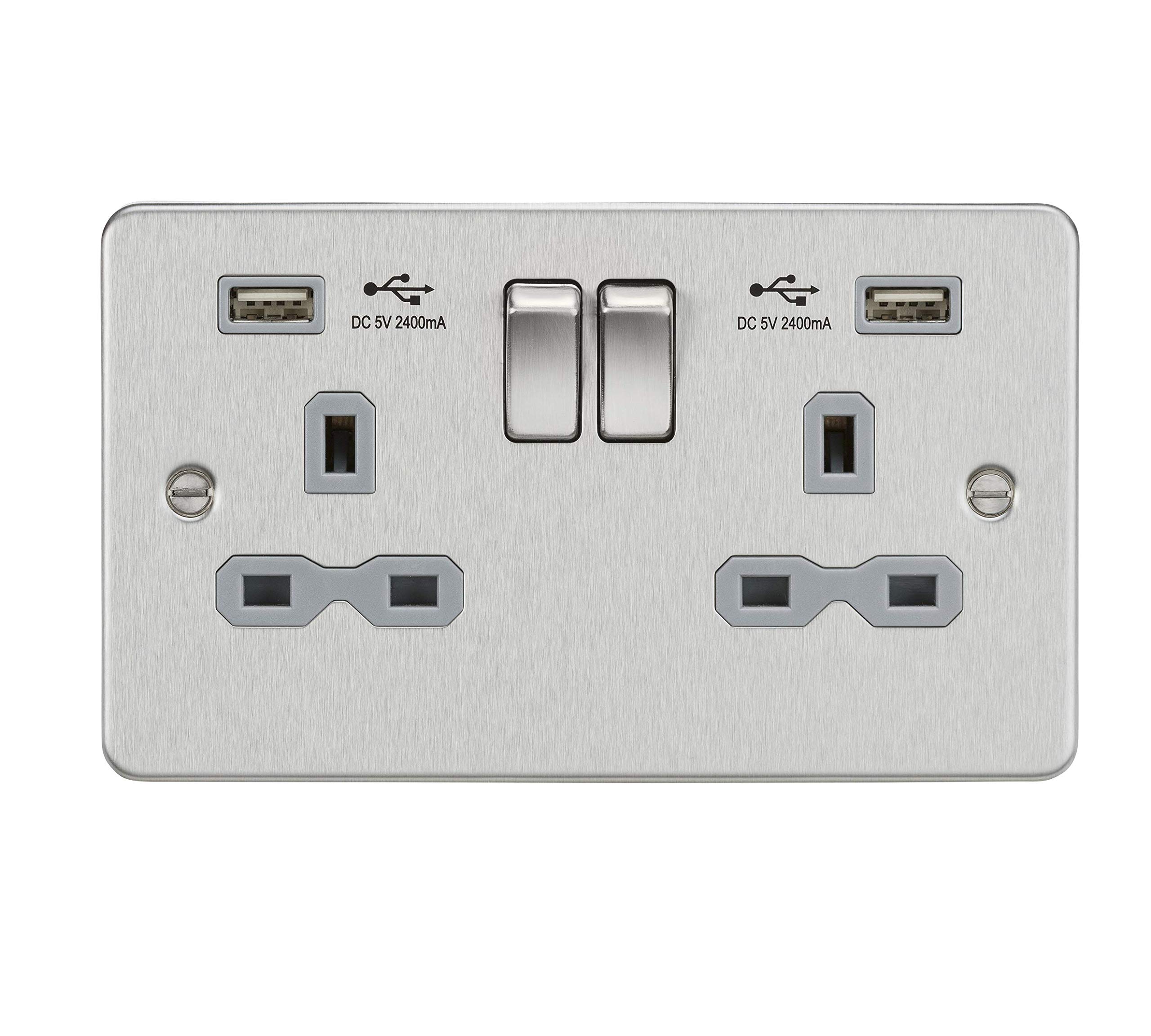 Knightsbridge Brushed Chrome 13A 2G Switched Socket With Dual Usb Charger A + A (2.4A) - With Grey Insert