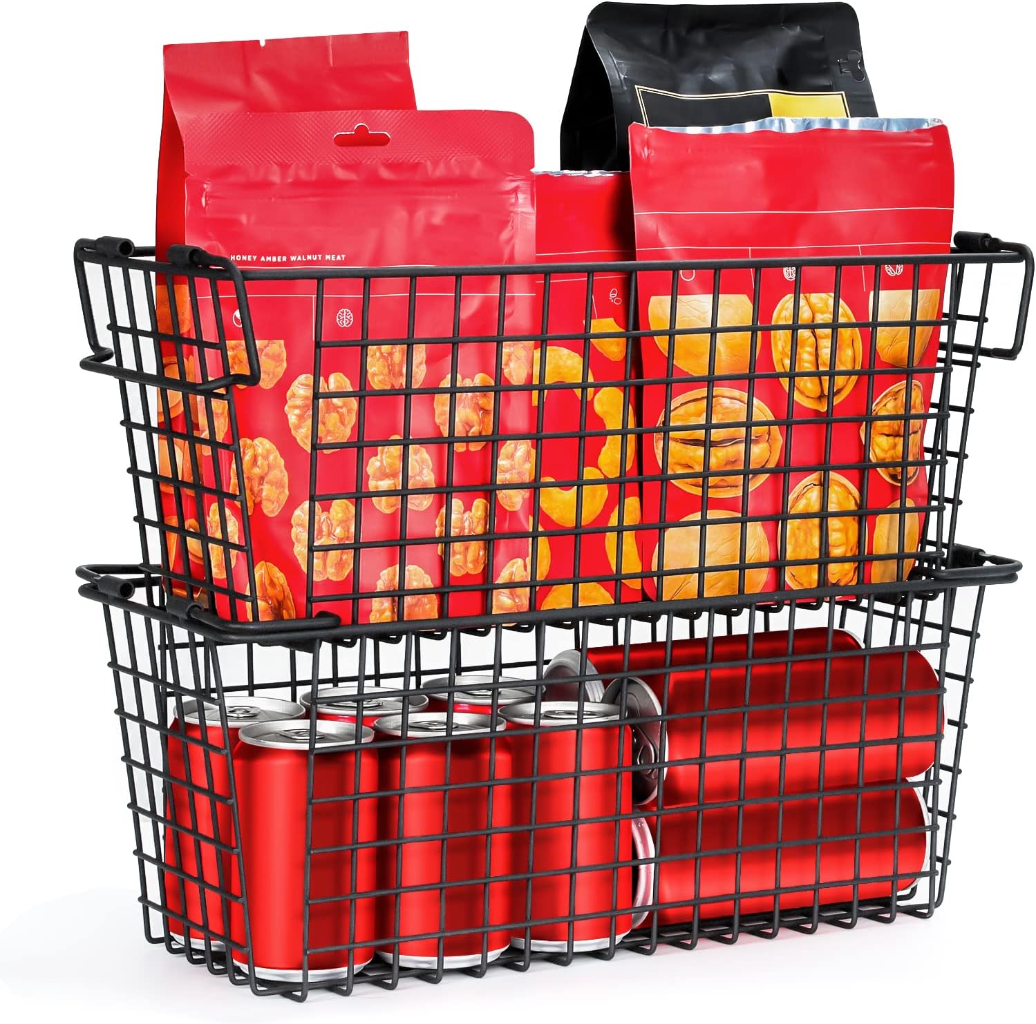 Wire Basket Stackable Metal Storage Basket Set for Kitchen or Bathroom Chest Freezer Organizer-Pack of 2-Black