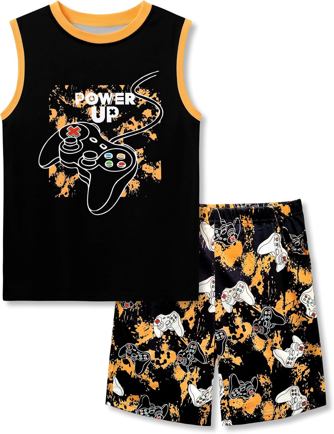 Beezizac Little & Big Boys 2-Piece Cozy Summer Pajamas Black Gamer Tank Top & Shorts Cool PJ Kid Set Size 6-18