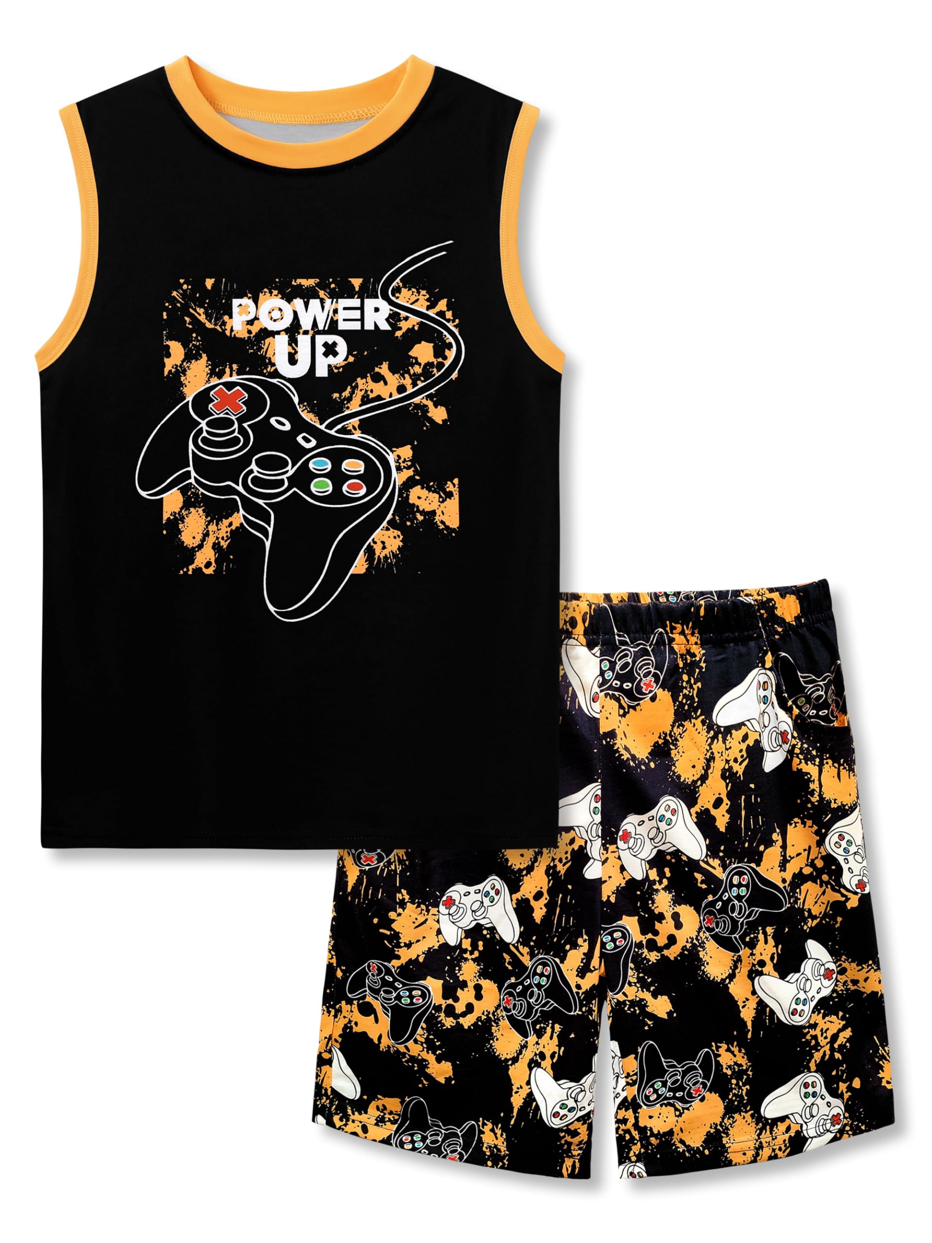 Beezizac Little & Big Boys 2-Piece Cozy Summer Pajamas Black Gamer Tank Top & Shorts Cool PJ Kid Set Size 6-18