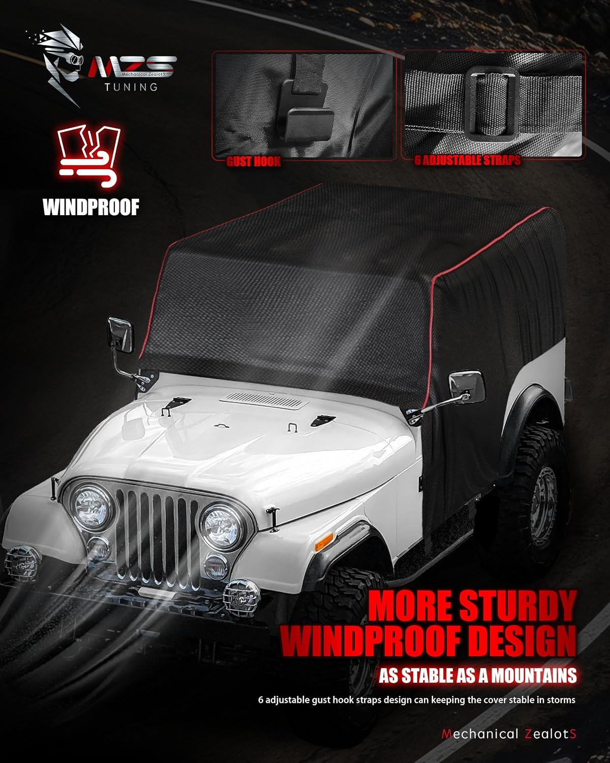 MZS Cab Cover Compatible with CJ-7 CJ7 1976-1986, 600D Outdoor Waterproof CJ7 Cover 2 Door with 6 Gust Hook Car Half Cover Windproof Sun Snow Rain Scratch Protection