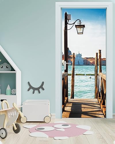 FLFK Adhesivo mural para puerta, muelle antiguo, despegar y pegar, tamaño del campo, 32 x 80 pulgadas, dividido en 2 piezas