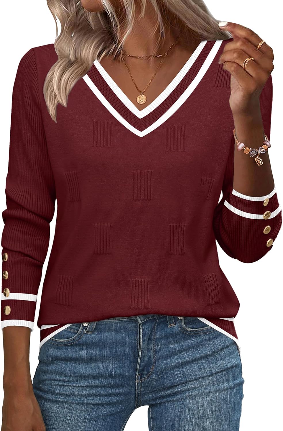 Zeagoo Womens V Neck Sweaters Shirts Long Sleeve Lightweight Ribbed Knit Pullover Sweater Blouse Tops with Buttons Oufits