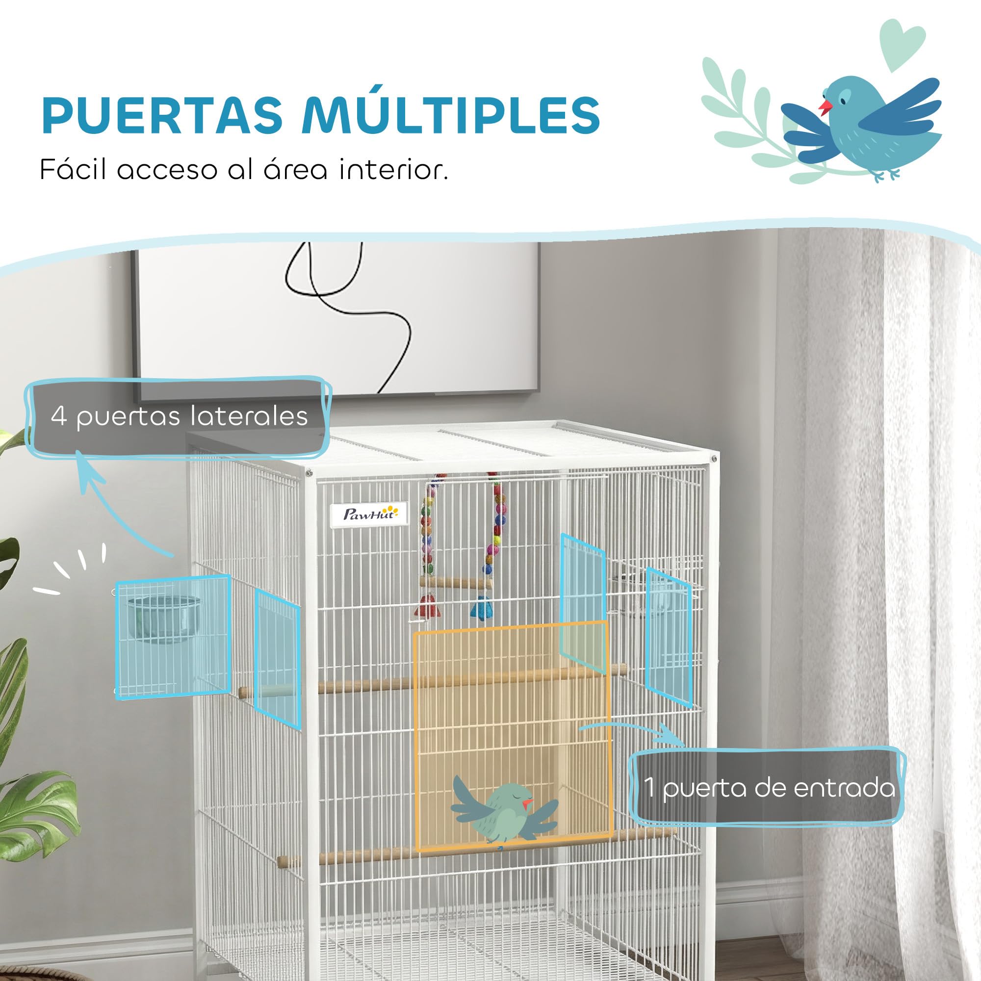 PawHut Jaula para Pájaros con Ruedas, Pajarera de Acero con Perchas, Columpio Bandeja Extraíble y Cuencos de Acero Inoxidable, Jaula Grande para Loros, Canario, Periquito, 48x46x78 cm, Blanco