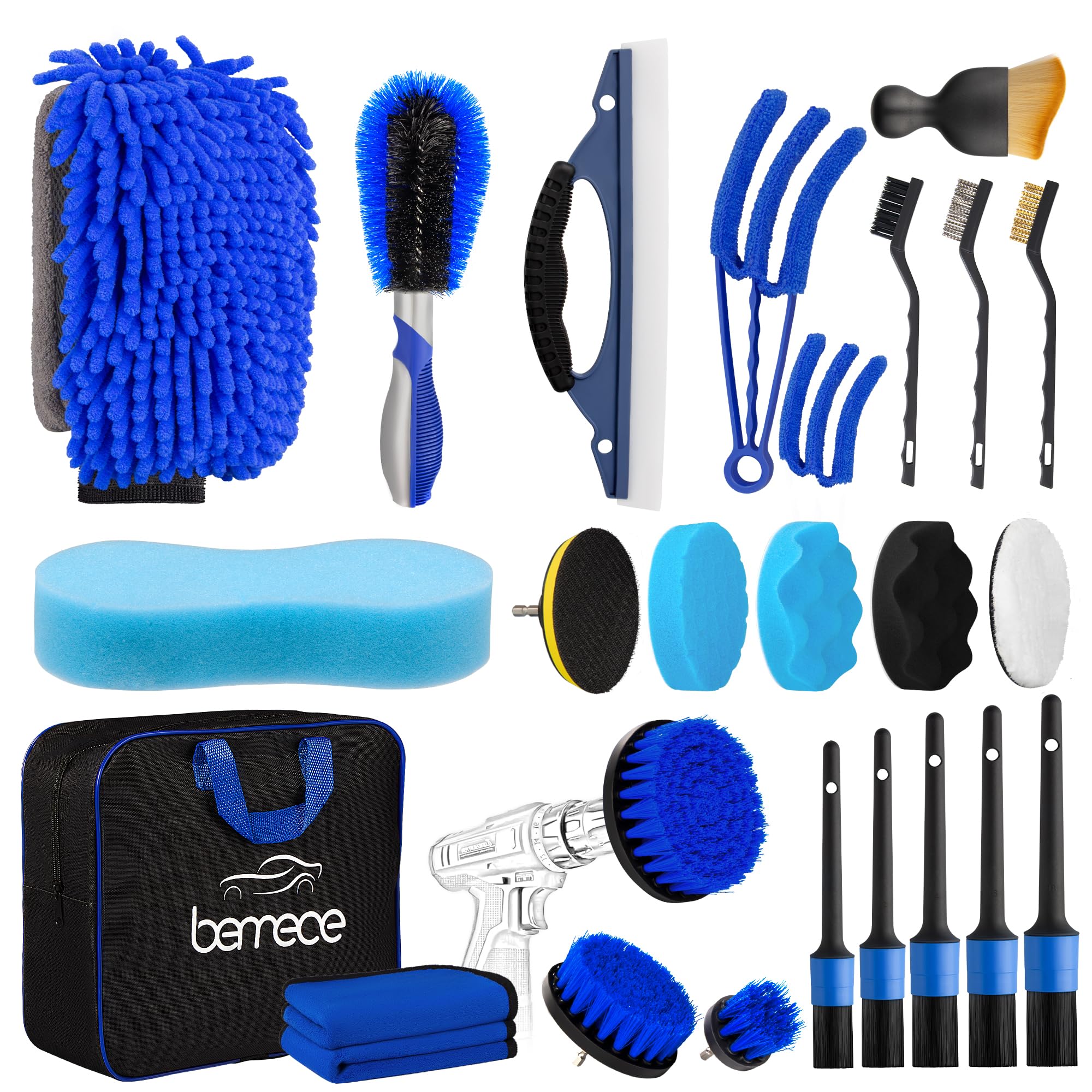 Bemece 24 PCS Car Cleaning Kit, Car Detailing Kit for Cleaning Wheels, Interior, Exterior, Leather, Dashboard, Vents (Blue)
