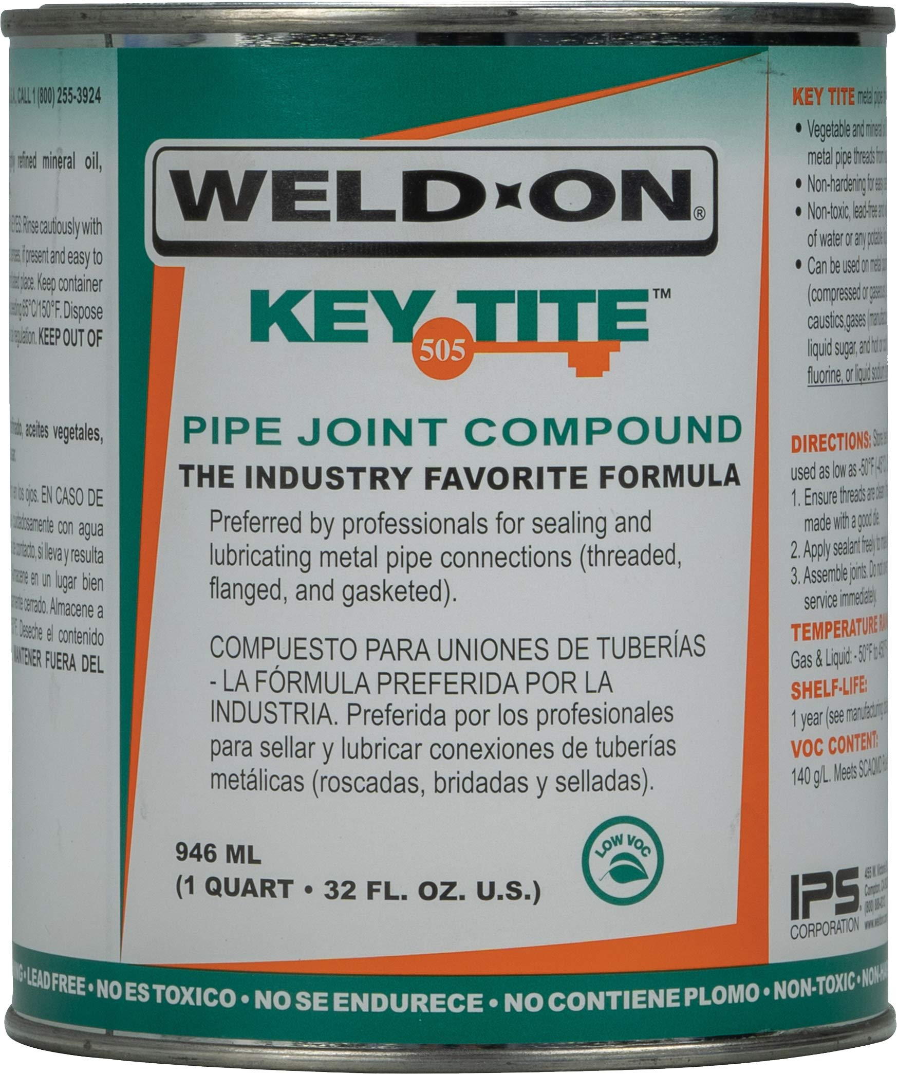 Weld-On 10063 505 Key Tite Metal Pipe Thread Sealant, Low-VOC, Green, 1 Quart (32 fl oz)