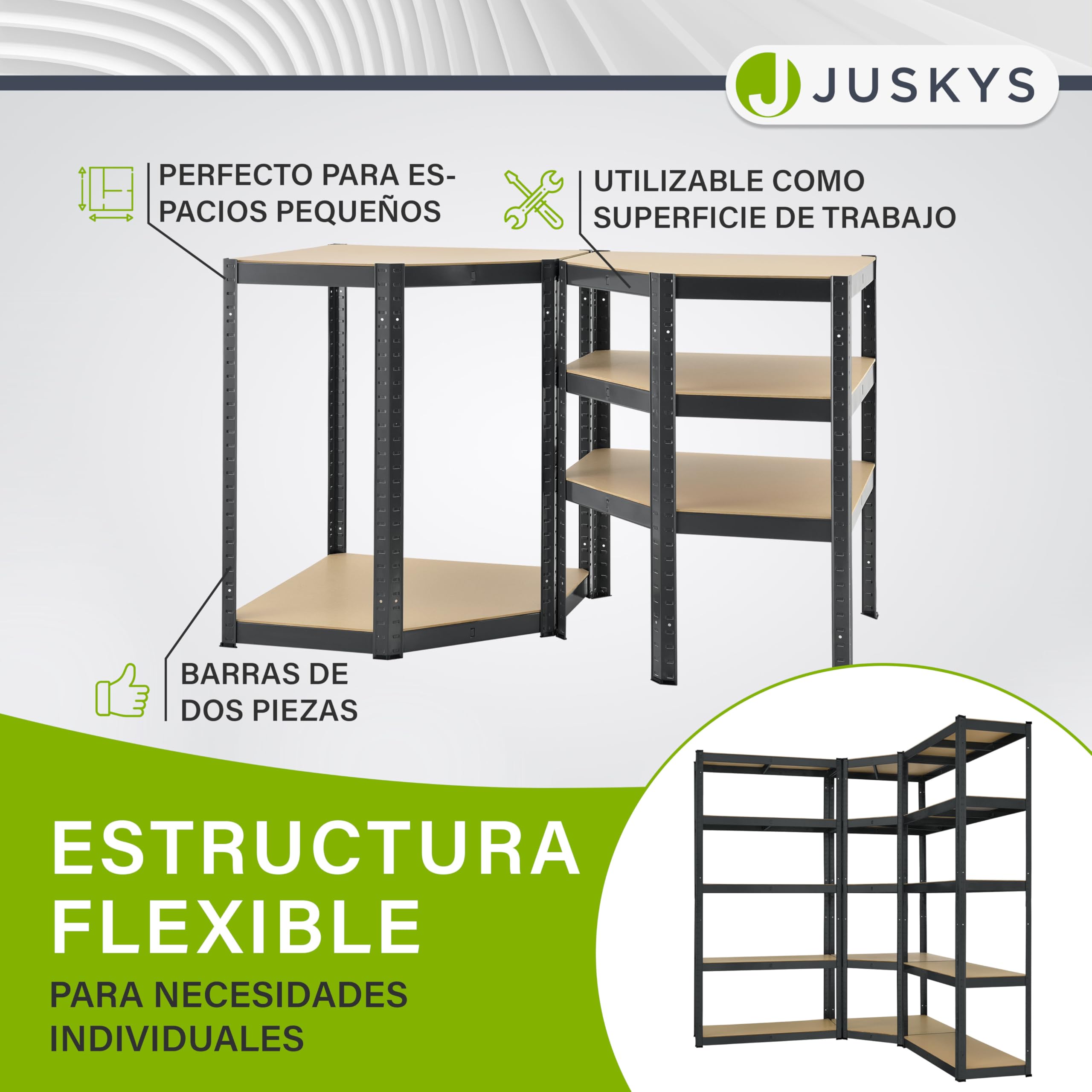 Juskys Juego de 3 estanterías metálicas Easy | 1 estantería esquinera y 2 estanterías de Almacenamiento | 15 estantes de Madera MDF | 2625 kg | Estantería para Cargas Pesadas en Color Gris