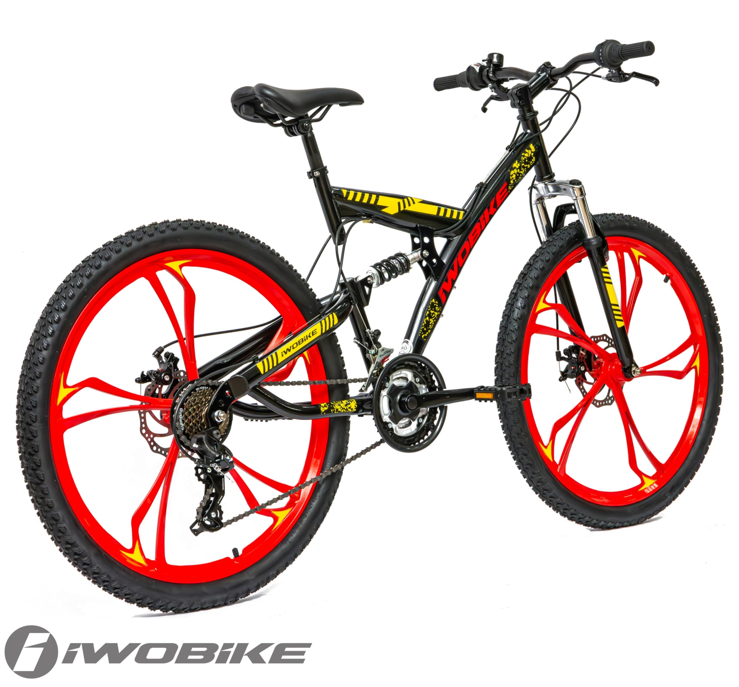 Rower Górski MTB, 26 Cali, Czarny Połysk z Czerwono-Żółtymi | Rower Górski MTB, 26 Cali, Czarny Połysk z Czerwono-Żółtymi Akcentami, Unisex, 21 Biegów, Rama Stalowa 47cm, Amortyzacja Prze