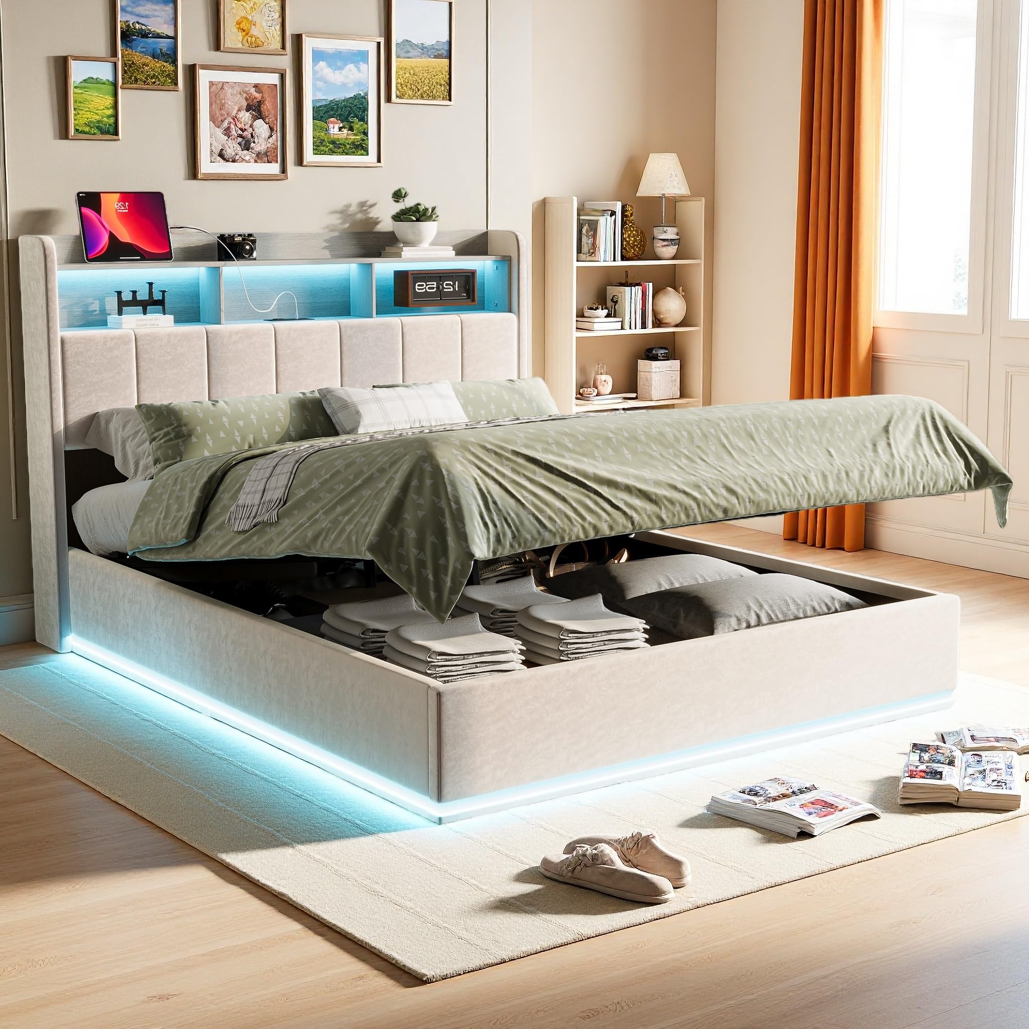 Letto imbottito 140x200, Letto Matrimoniale imbottito con Schienale, Letto Sollevabile con Contenitore e rete a doghe, Moderno e Semplice, Tessuto in pile, Senza Materasso, Bianco