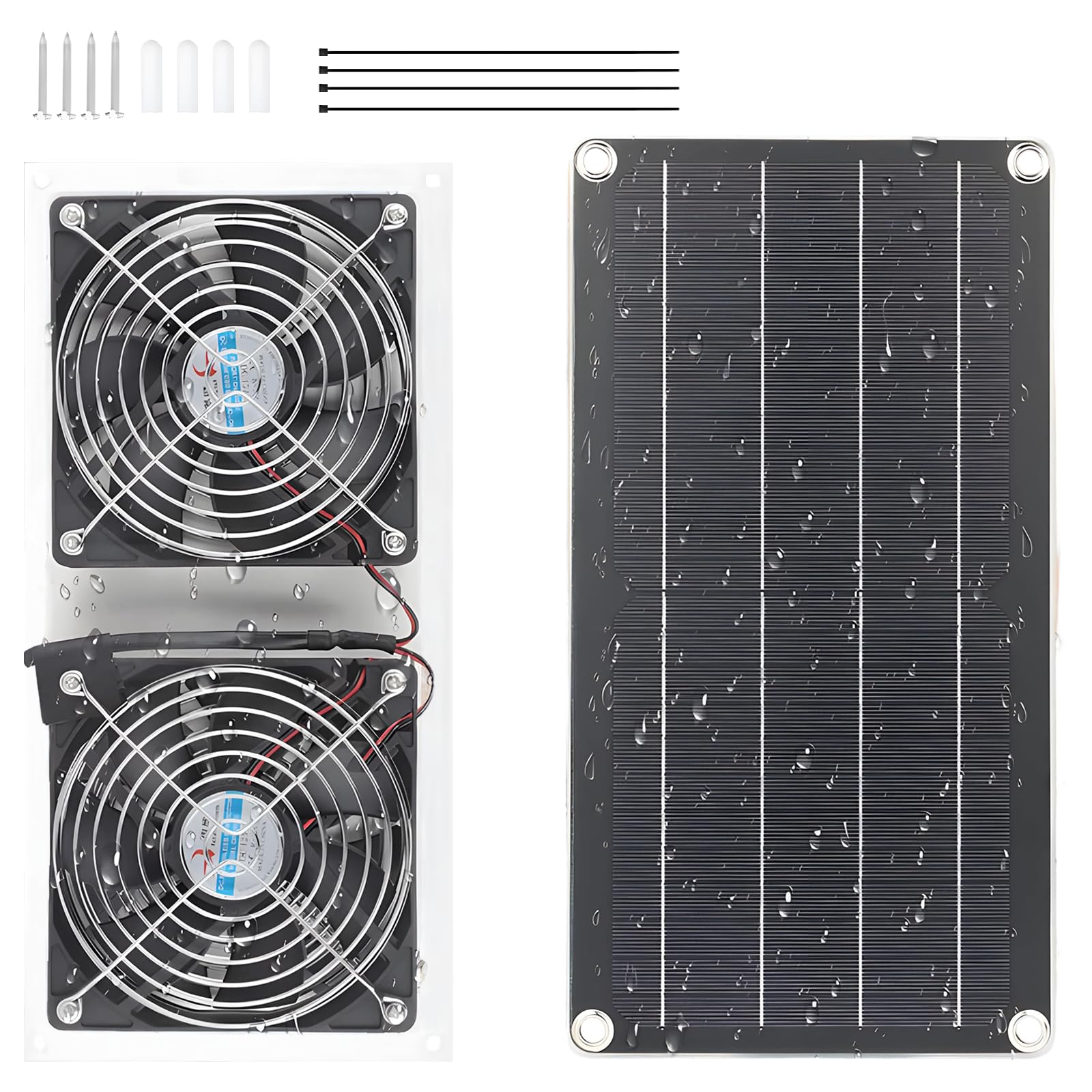 Generisch Set di ventola di scarico solare da 10 W 6 V con due ventole, cavo di prolunga CC da 2 m, 12 accessori, ventilatore a energia solare per pollaio, serra, capanno e cuccia per animali