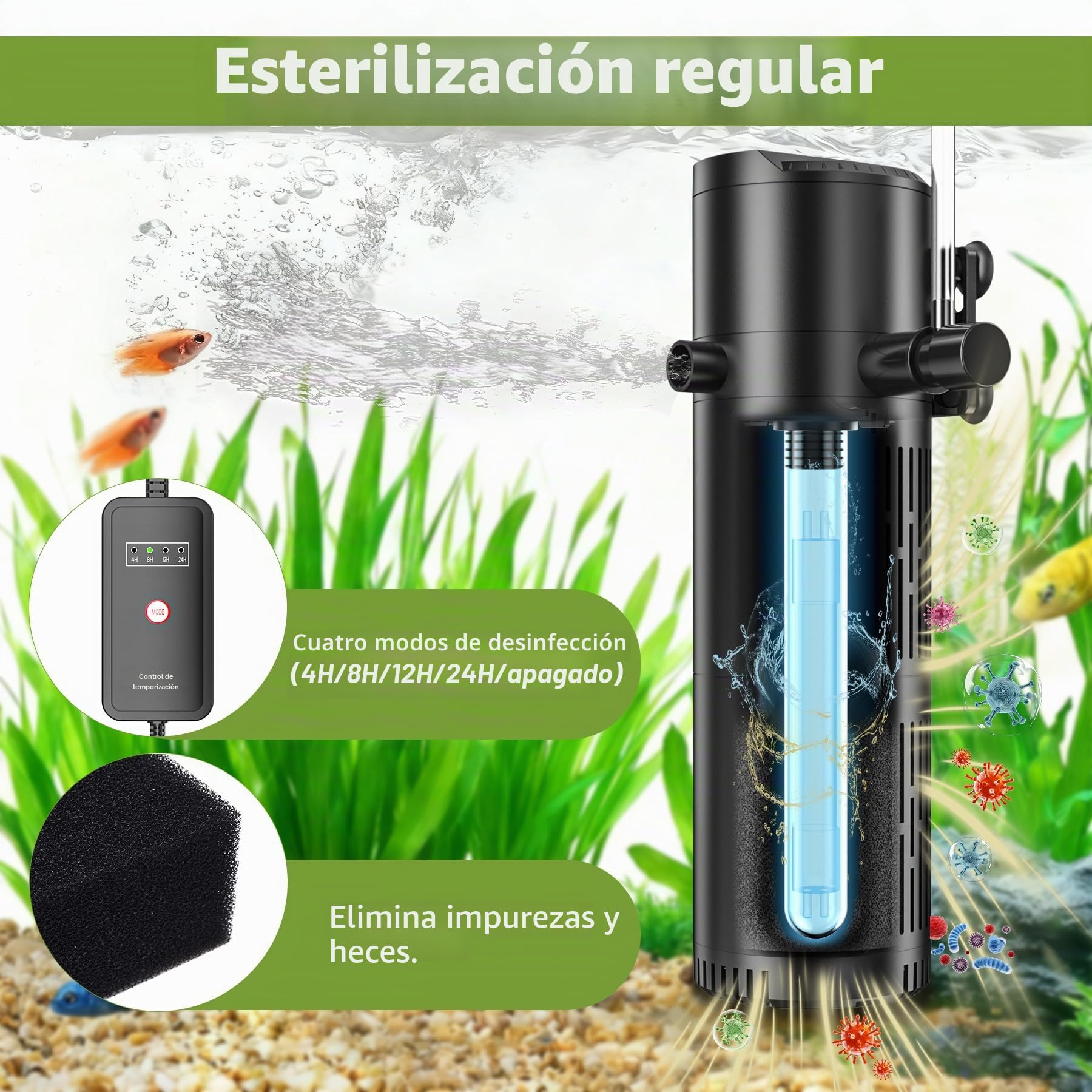 Forever Speed Filtro Acuario Interno con lámpara UVC 6W y Filtro pecera 5 en 1, para acuarios de 40L a 100L (500L/H)